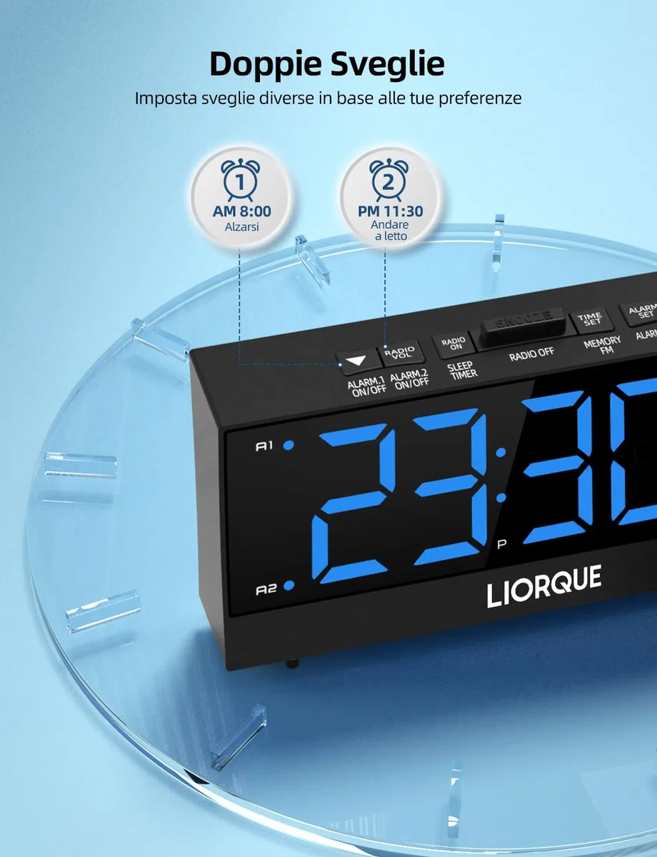 LIORQUE Sveglia con Proiettore a Soffitto, Radiosveglia con Proiettore a Grande Schermo, Sveglia Digitale con Doppia Sveglia, Funzione Snooze, Regolazione Infinita Della Luminosità, 2 Porte USB