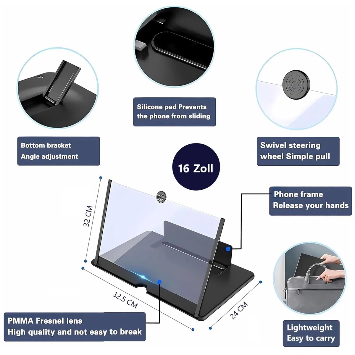 16 pollici ingrandimento schermo cellulare, 3D HD schermo amplificatore smartphone, Ingrandimento schermo cellulare, anti- blu per tutti gli smartphone