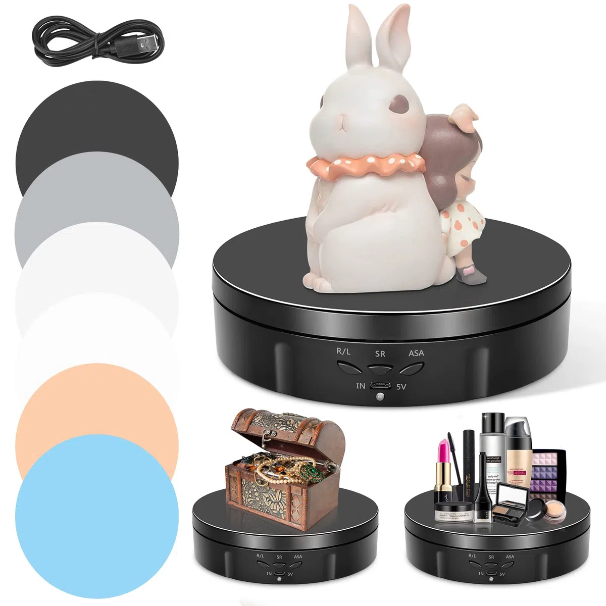 Base Girevole Elettrica, VAYOTOY 6 pollici / 14,6 cm Piatto Girevole Elettrico 10 kg Piccolo Piattaforma Girevole con 6 Fogli di Sfondo Ricarica USB 3 Velocità Regolabili per Display e Fotografia