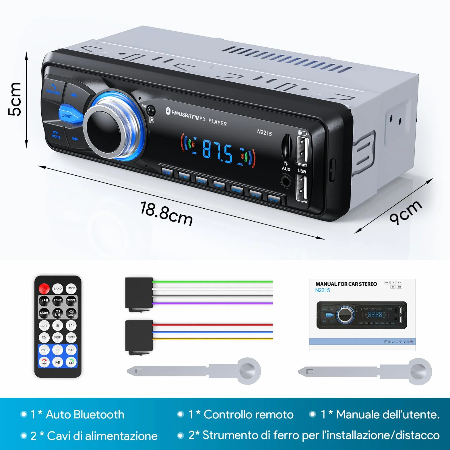 Chismos Stereo Auto 1 DIN Autoradio Bluetooth FM Radio MP3 Lettore Supporta 2 USB/SD/Aux Telecomando Ricarica rapida iOS Android