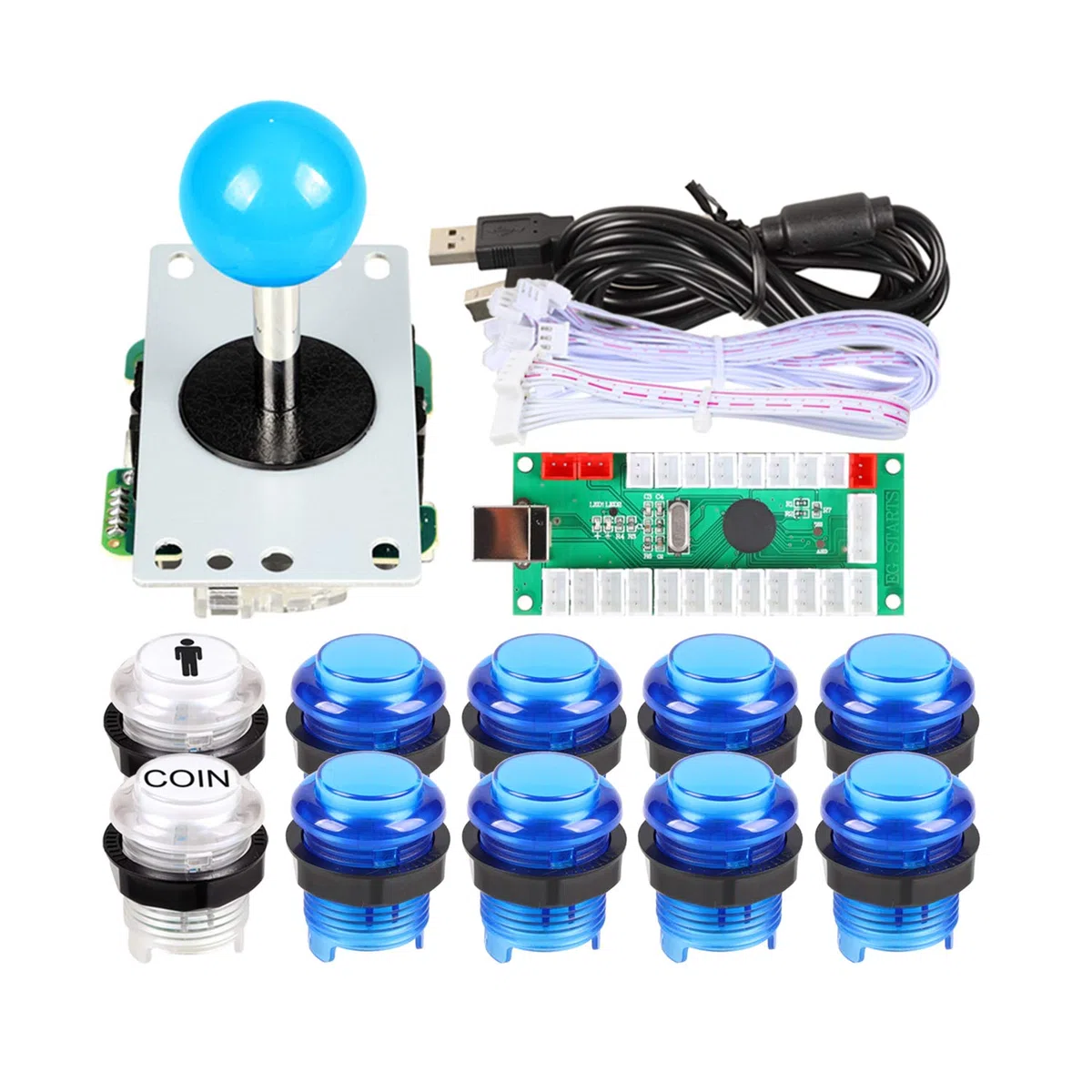 EG STARTS 1 Giocatore Arcade USB Encoder per PC Giochi Blue Stick Controller + 10x LED Illuminato Pulsanti per Arcade Joystick Kit Fai da Te Parti Mame Raspberry Pi
