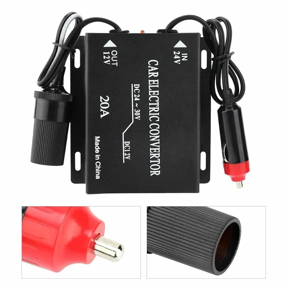 DollaTek Convertitore di alimentazione per auto da 24 V a 12 V con presa accendisigari, 20 A, nero, uscita 12 V CC, 240 W, confezione da 1