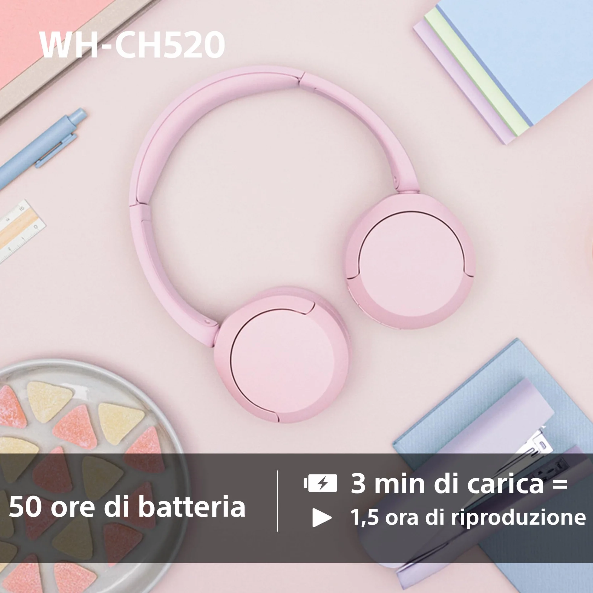 Sony WH-CH520 | Cuffie Wireless, Connessione Multipoint, con Microfono, Fino a 50 ore di durata della batteria con Ricarica rapida - Nero