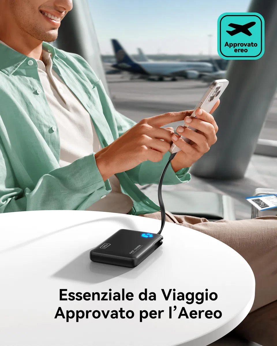 INIU Power Bank, Sottile 20W 10000mAh PowerBank con Cavo Integrato, Ricarica Rapida PD3.0 QC4.0 USB C Input & Output Caricatore Portatile per per iPhone 16 15 14 Pro Max Plus Samsung Huawei iPad Pro