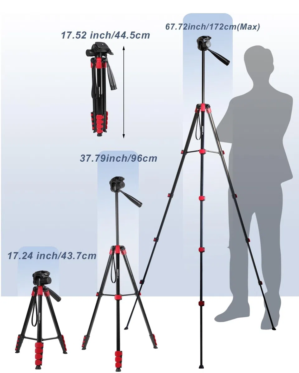CAMBOFOTO Treppiede professionale da 172 cm, in lega di alluminio, con morsetto e borsa per il trasporto (compatibile con smartphone/tablet/DSLR)