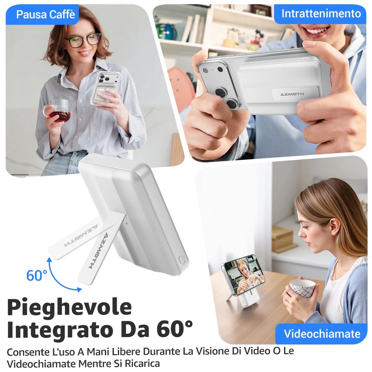 Azmuth Power Bank per Magsafe, 10000mAh Batteria Esterna Magnetica Wireless Ricarica Rapida 20W USB-C con Display LED e Supporto, Caricatore Portatile per iPhone 17/16/15/14/13/12 Serie, Bianco