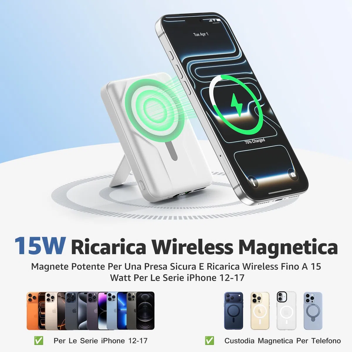 Azmuth Power Bank per Magsafe, 10000mAh Batteria Esterna Magnetica Wireless Ricarica Rapida 20W USB-C con Display LED e Supporto, Caricatore Portatile per iPhone 17/16/15/14/13/12 Serie, Bianco