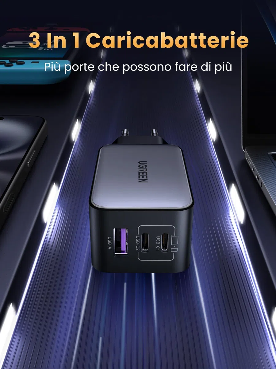 UGREEN Nexode 65W Caricatore USB C Ricarica Rapida di 3 Porte Alimentatore Compatibile con iPhone 17 Pro Max Air 16 15 14 13 Galaxy S26 25 24 Pixel 10 Pro iPad MacBook M5 M4 Steam Deck (Nero)