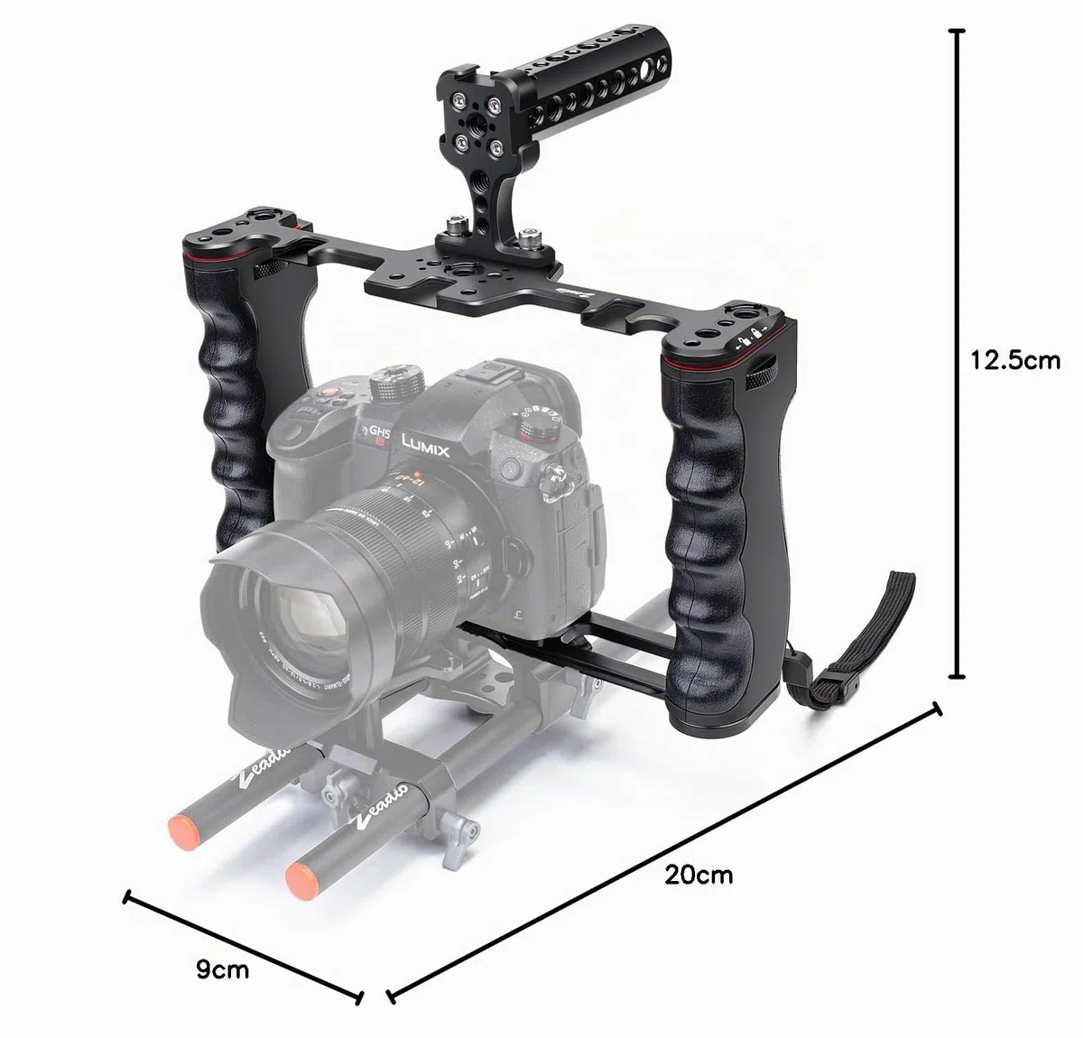 Zeadio Gabbia universale per fotocamera, rig stabilizzatore video a doppia impugnatura con maniglia superiore, 6 attacchi cold shoe, per filmmaking e vlogging YouTube ecc