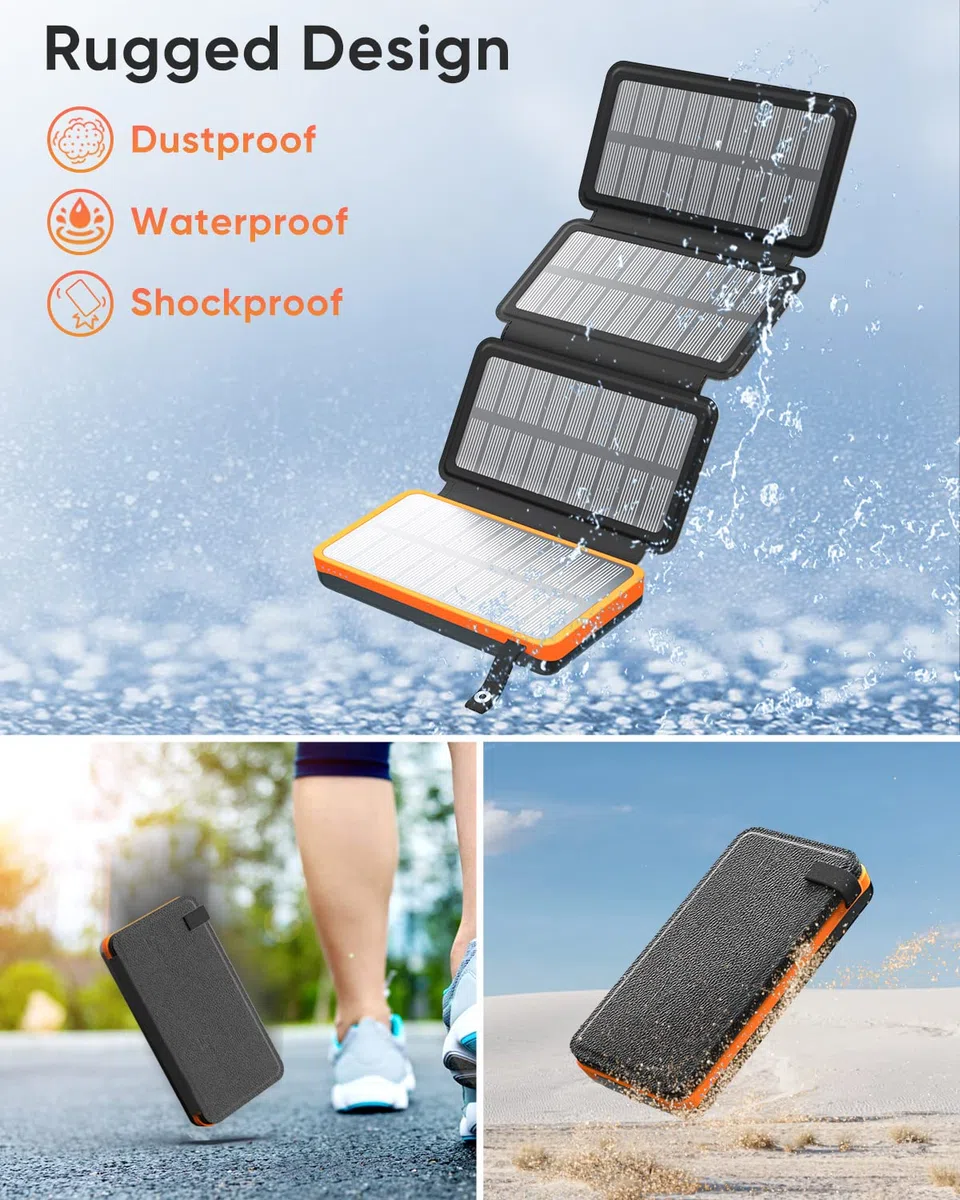 Powerbank Solare 20000mAh Hiluckey Caricabatterie Solare Portatile con USB C Ricarica Rapida e 4 Pannelli Solari Impermeabile Batteria Esterna per Smartphone, Tablet e Campeggio