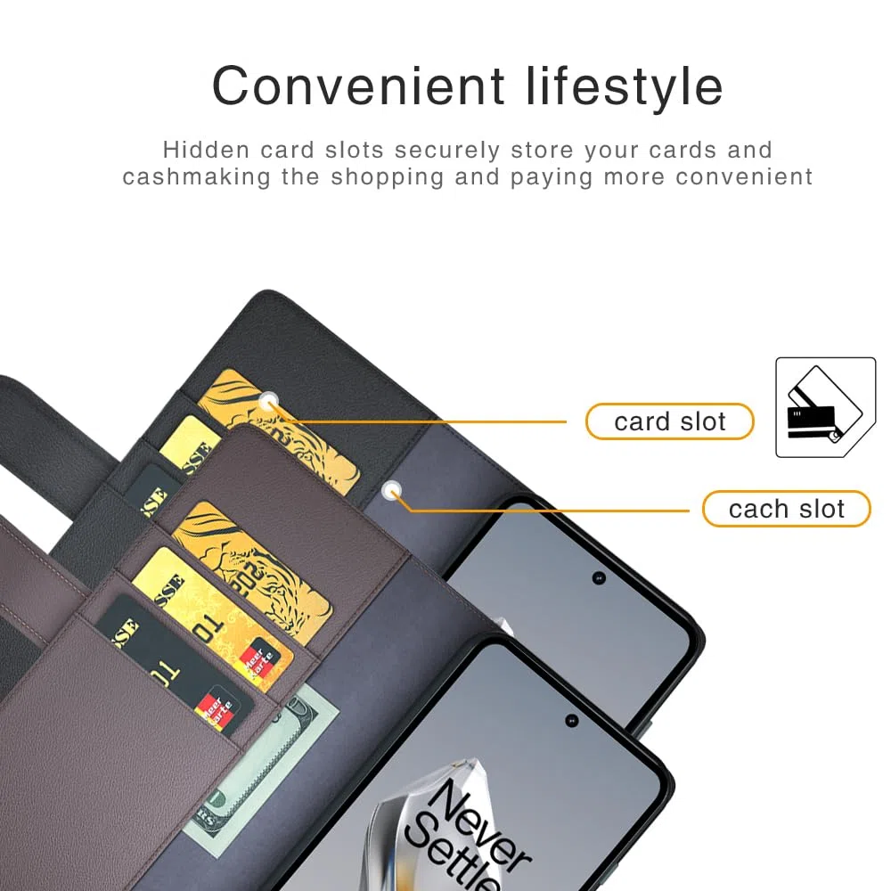 COQUE Custodia OnePlus 12 Shell, Custodia Flip in Vera Pelle di Vacchetta con Slot per Schede Custodia in Pelle per OnePlus 12-Nero