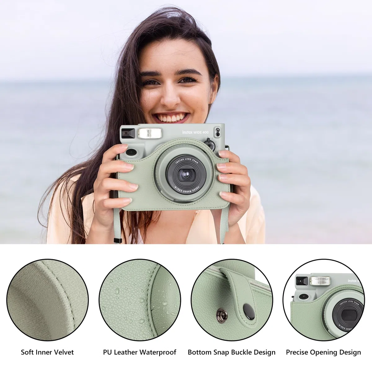MUZIRI KINOKOO Custodia Compatibile per Instax Wide 400 Instant Camera, Custodia Protettiva in Pelle PU per Fuji Instax Wide 400 Instant con Tracolla Regolabile - Verde