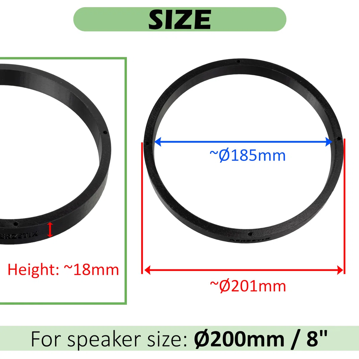 Aerzetix - Set di 2 anelli/distanziatori/boccole distanziatrici per altoparlanti Ø200x18 mm in plastica ABS + 4 guarnizioni di tenuta