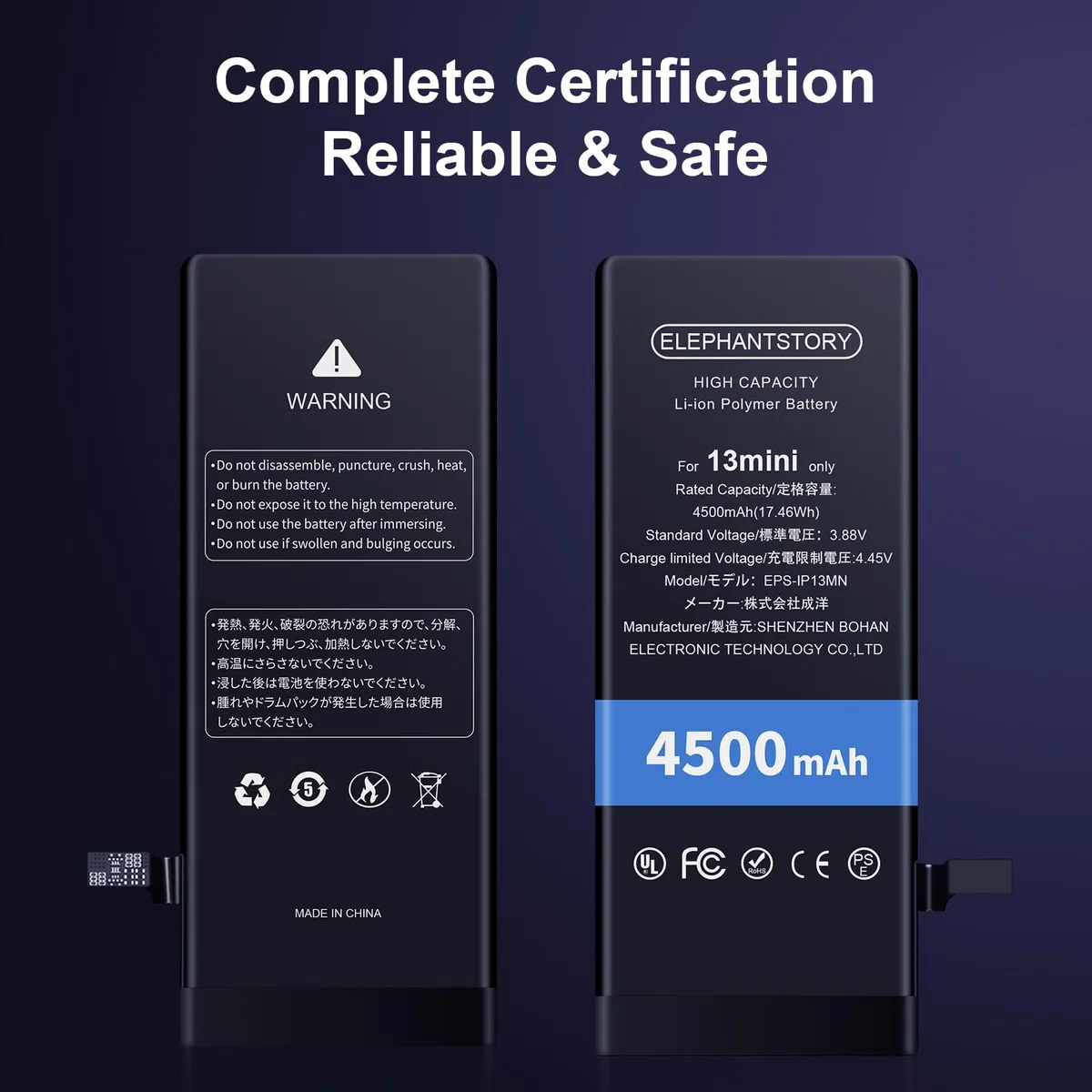 Elephantstory Batteria per Phone 13 Mini, 4500 mAh Alta Capacità 0 Cicli Batteria ai Polimero di litio con Kit di Strumenti di Riparazione e Guida