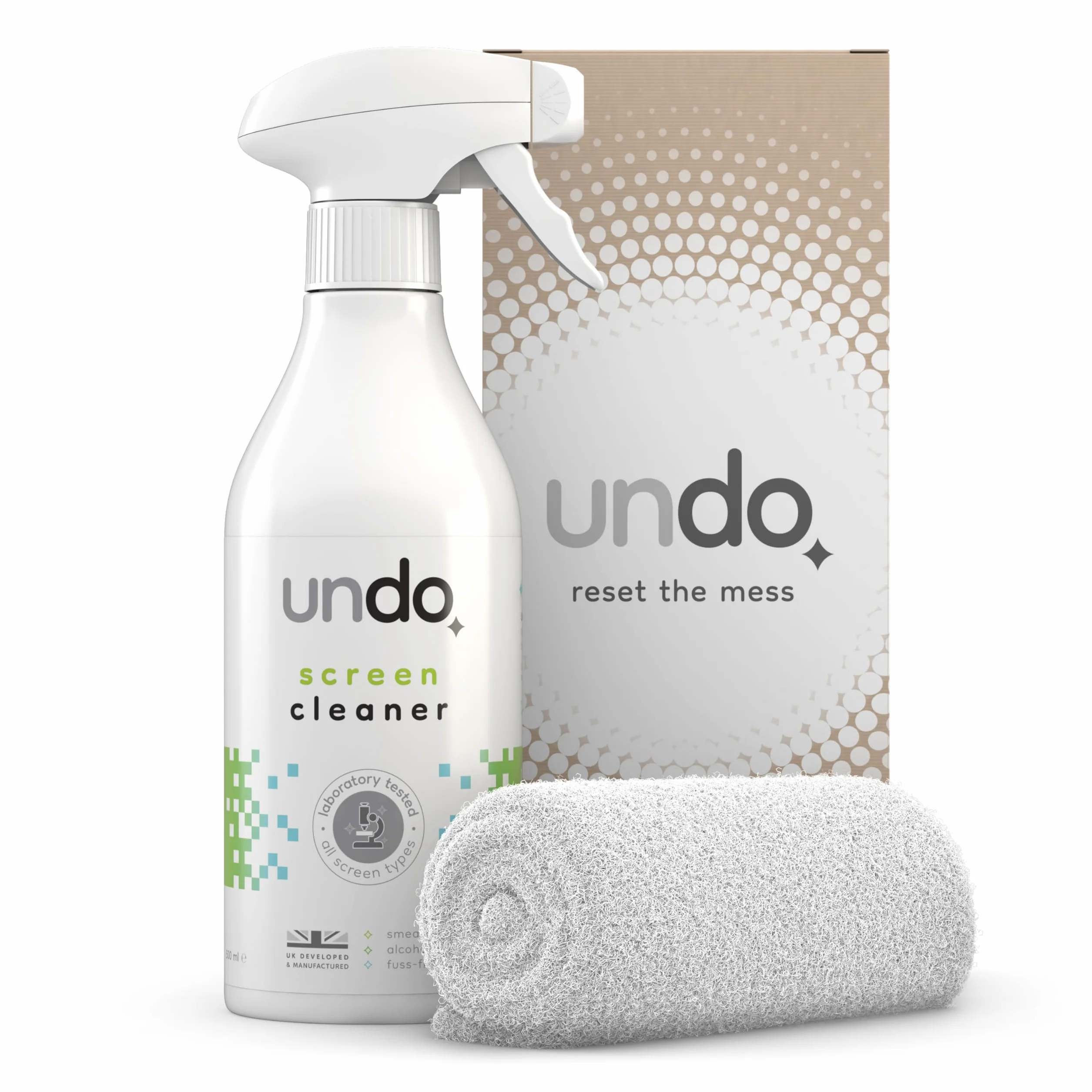 UNDO Spray per Schermi con Panno in Microfibra, 500ml, Kit Pulizia iPhone, iPad, Laptop, Touchscreen, TV LCD, LED, OLED, Monitor del Computer