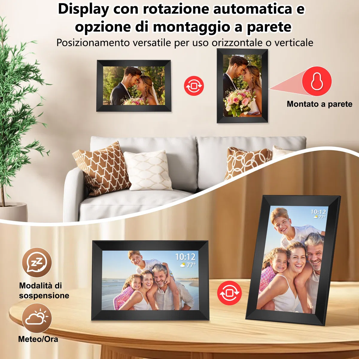 Frameo Cornice Digitale WiFi da 10,1 Pollici, 32GB, Schermo IPS Touchscreen HD 1280 x 800P, Rotazione Automatica, Condividi Foto/Video Subito da Qualsiasi Luogo (Elegante Nero)