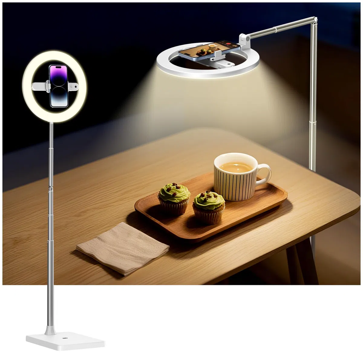 yAyusi Senza Fili Luce ad Anello con Supporto Cellulare, 174 cm Pieghevole Ricaricabile Supporto per Ring Light per Fotografia Dall'alto per Registrazione Video, Fotografia, Streaming Live, TikTok
