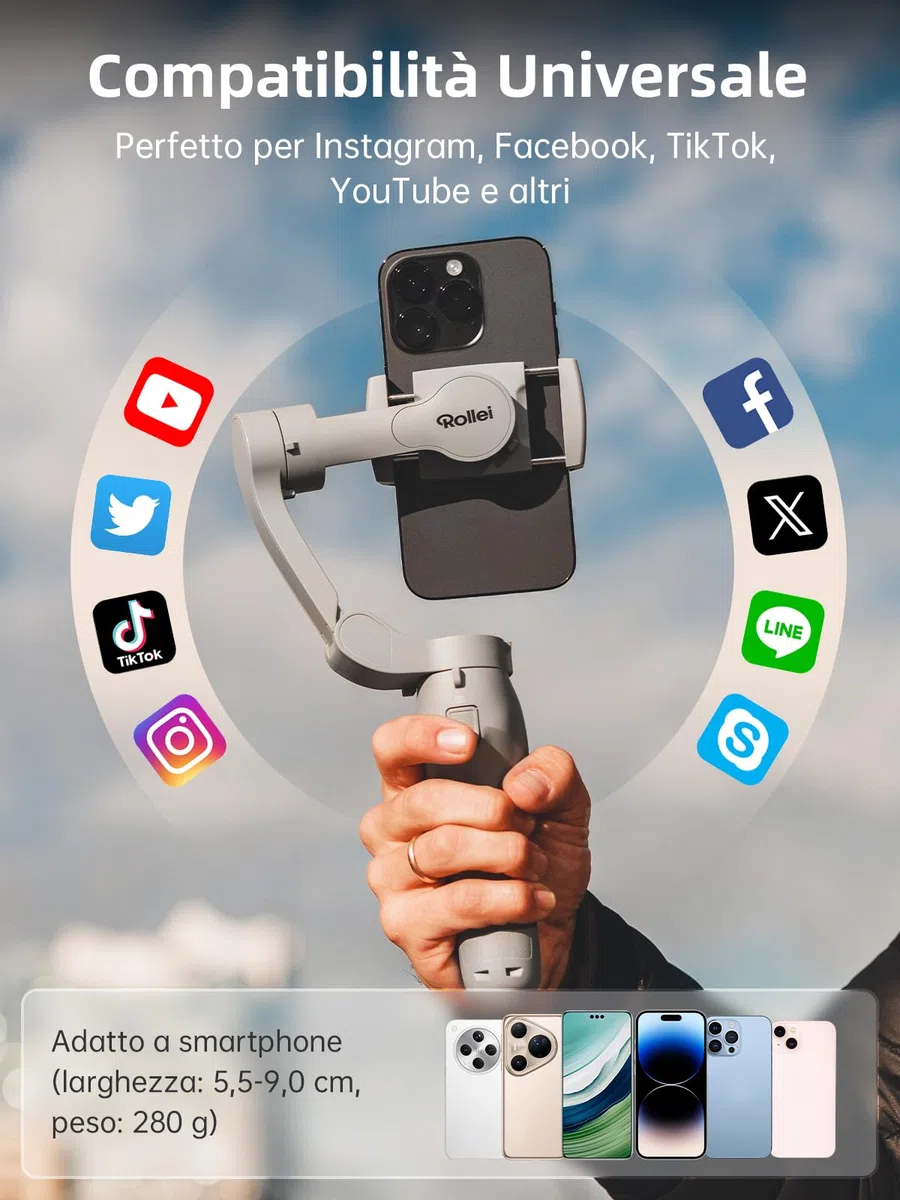 Rollei Steady Butler Mobile 3 SE Stabilizzatore Smartphones, Gimbal 3 Assi Smartphone Leggero e Pieghevole Compatibile con iPhone 16/15/14/13/12 Pro Max e Android per Video di TikTok YouTube Instagram