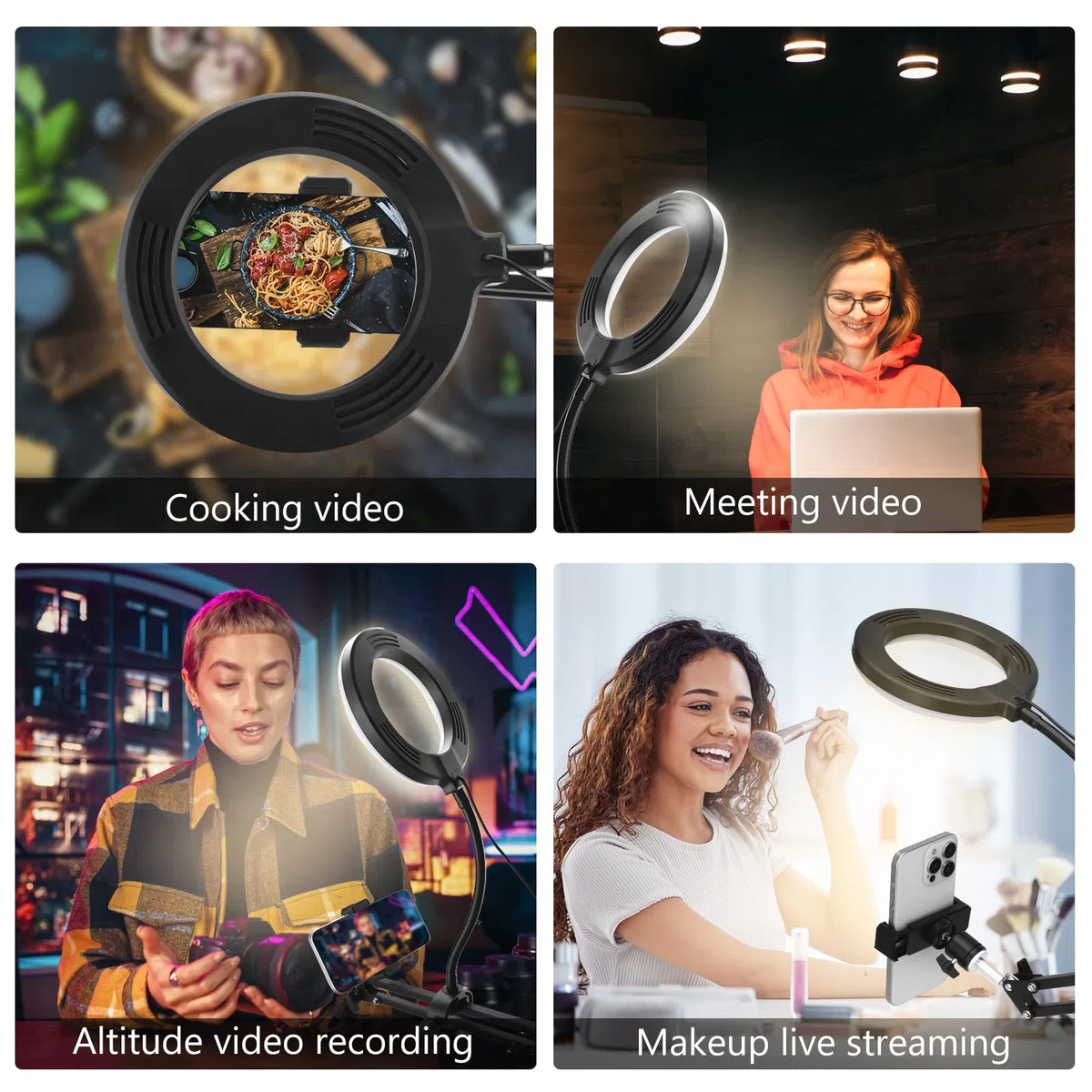 Supporto per cellulare appeso con luce anulare, supporto flessibile per fotocamera da tavolo con luce anulare per registrazione video, live streaming, pittura, make-up e infeltrimento ad ago