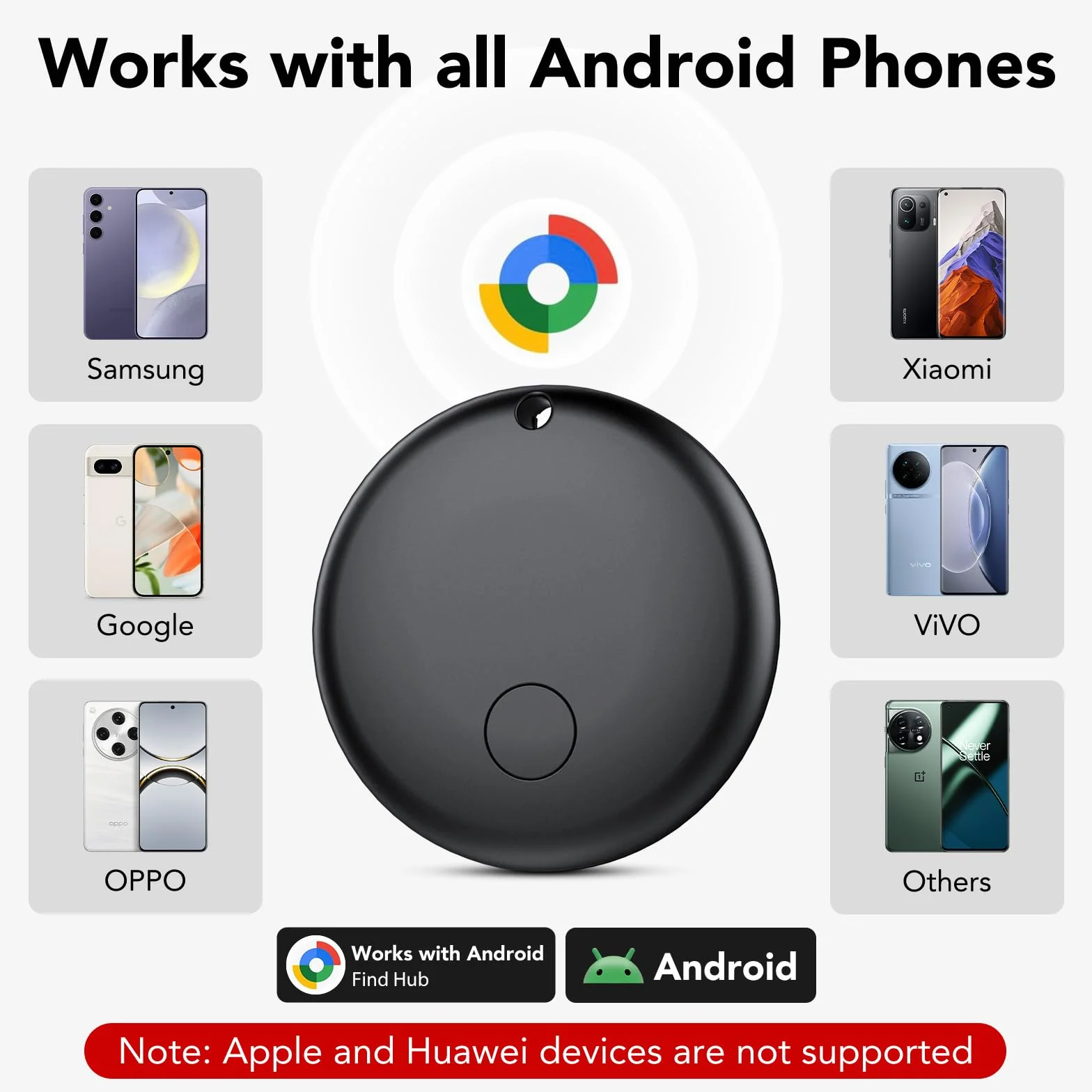 Android Smart Tag, Tracker con Google's Find Hub (Solo Android), IP68 Impermeabile, Bluetooth Localizzatore con Custodia Protettiva, Trova Oggetti per Chiavi/Bagagli/Portafogli, 4 Nero