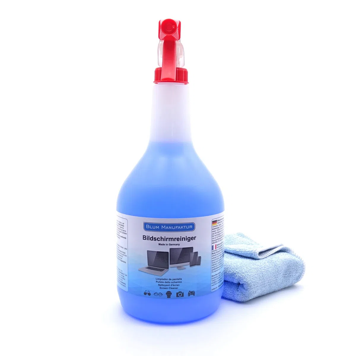 Blum Manufaktur - 1000ml Pulizia dello schermo + panno microfibra. Pulizia perfetta di tutti gli schermi e display. Senza striature e senza strisce.