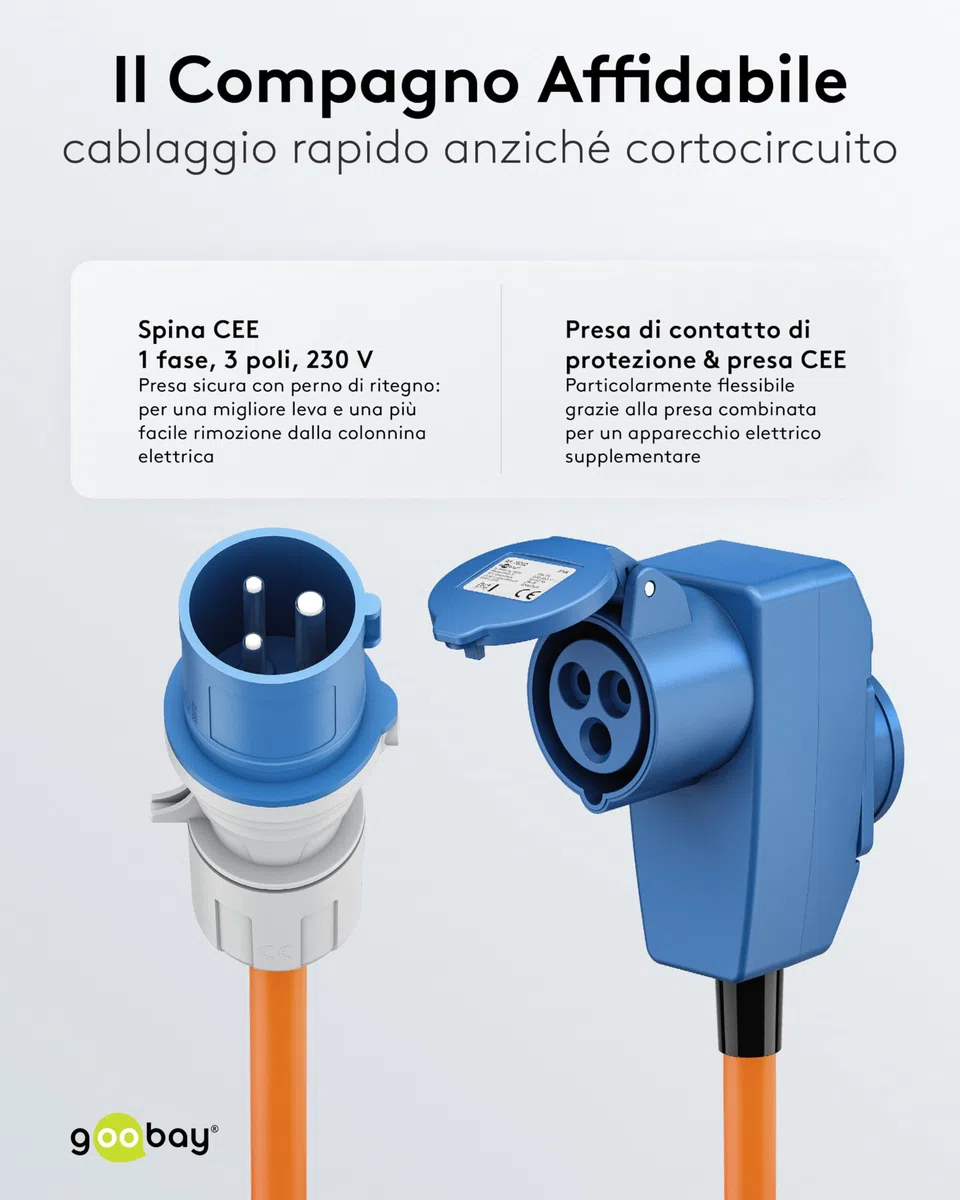 goobay Cavo adattatore CEE per caravan, 1,5 m, spina CEE a 90° presa CEE e presa di contatto di protezione con tappi di chiusura, cavo da campeggio, camper e caravan, 76232