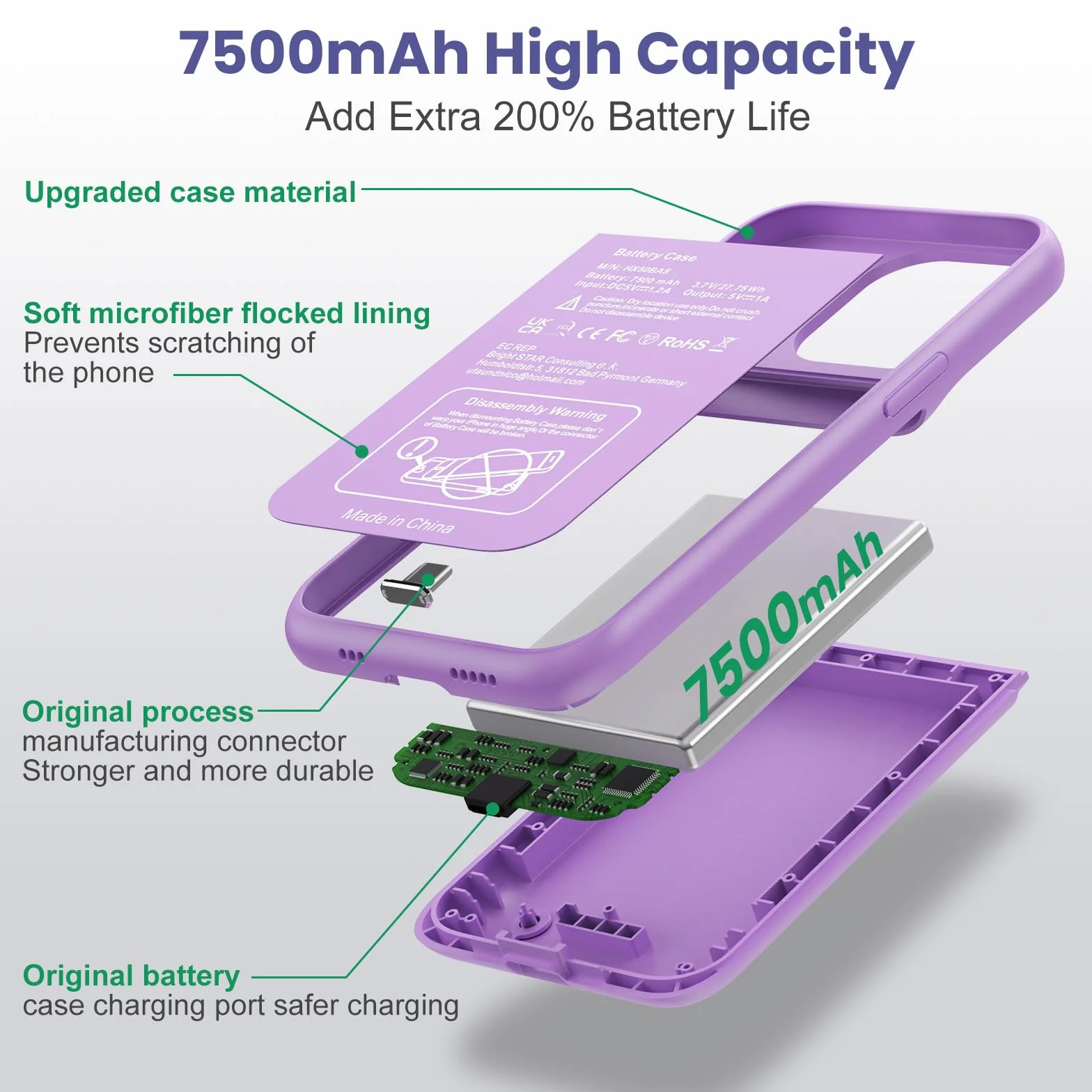 Feob Cover Batteria per iPhone 15 Pro (6,1"), 7500mAh 15W Cover Ricaricabile Battery Case Custodia Batteria Caricabatterie Power Bank per iPhone 15 Pro (6,1") Backup Charger Case-Viola