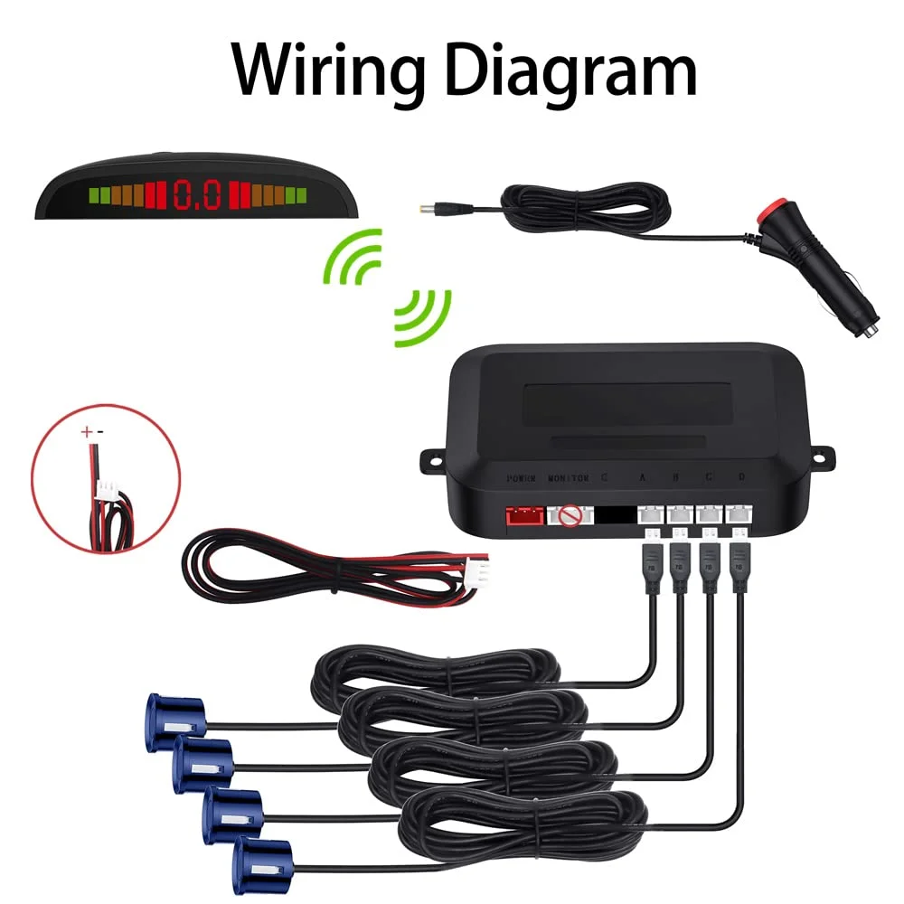 Kit di assistenza al parcheggio senza fili, sistema radar di retromarcia con 4 sensori PDC, display a distanza LED senza fili con avviso sonoro + 4 colori blu Aiuto al parcheggio posteriore