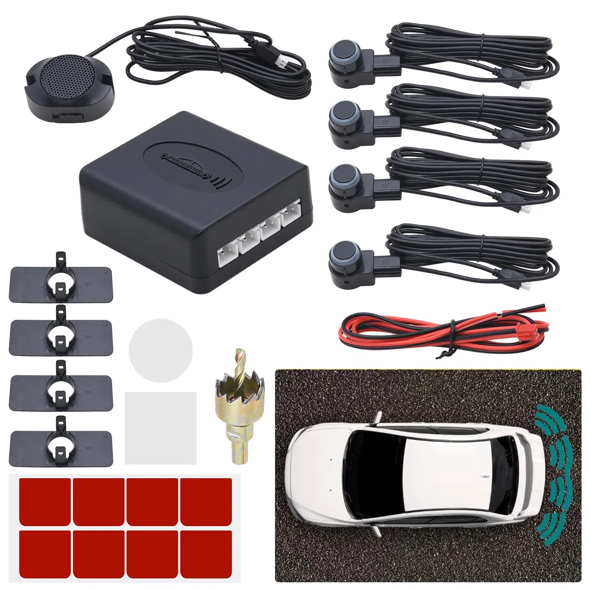 KAOLALI Sensori Parcheggio Auto 4 Sensori di Parcheggio Posteriori, Kit Sensori di Parcheggio Posteriori, Acustico Auto Reverse Backup di Sistema (Nero)