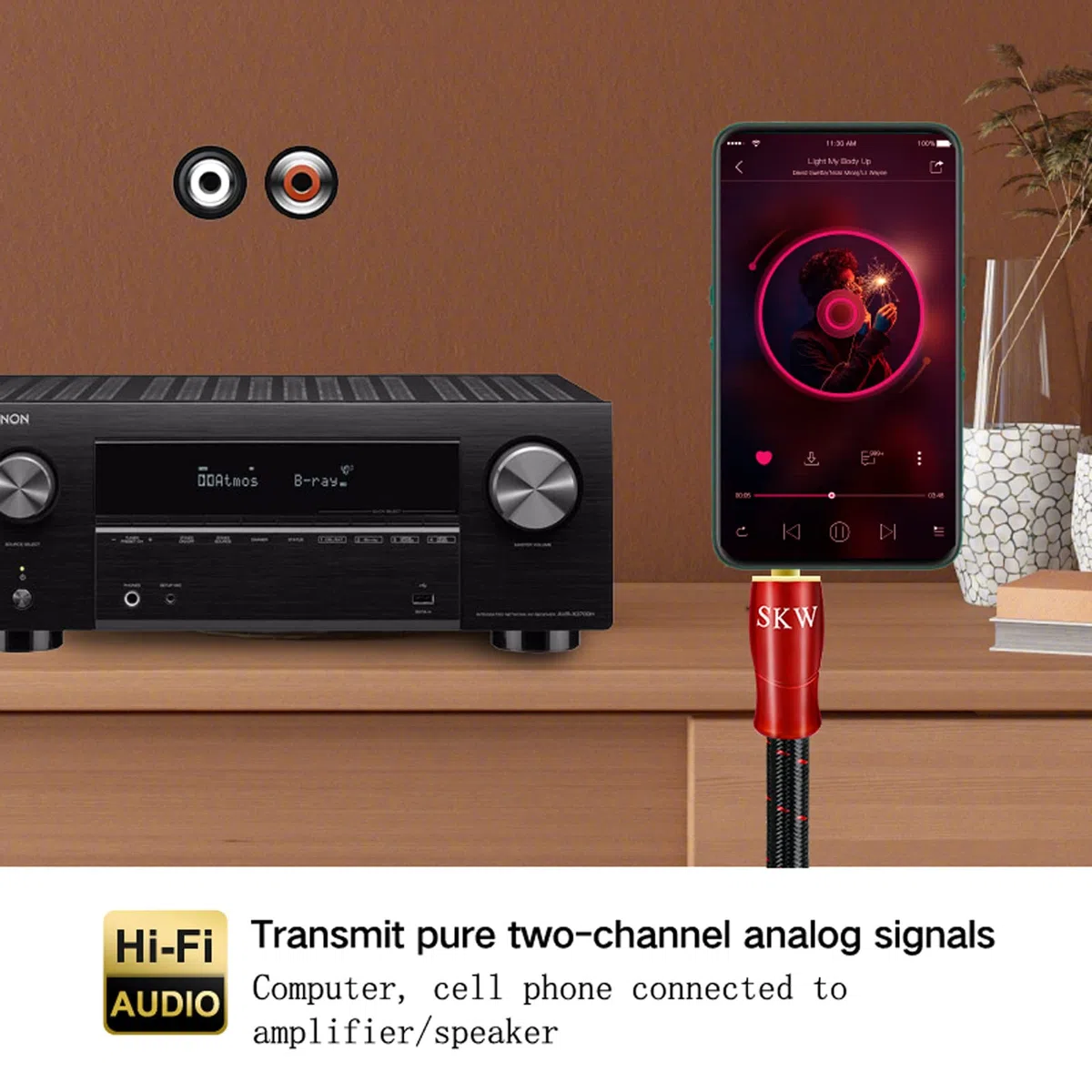 SKW Cavo jack da 3,5 mm a 2RCA, rame OFC - Cavo doppio schermato da RCA a jack per il collegamento di smartphone, tablet o PC all'amplificatore HiFi (2M, rosso)