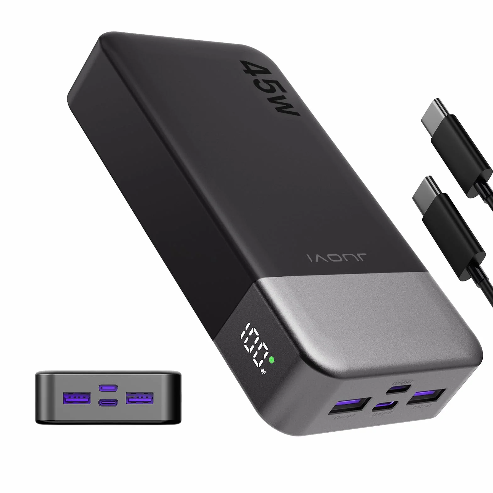 JUOVI Power Bank 20000mAh, 45W Caricatore Portatile Ricarica Rapida, Batteria Esterna 4 Porte, Caricabatterie Portatile per MacBook, Samsung, Dell, HP, Tablet, iPhone 16 15 14 13 e Altro (Nero)