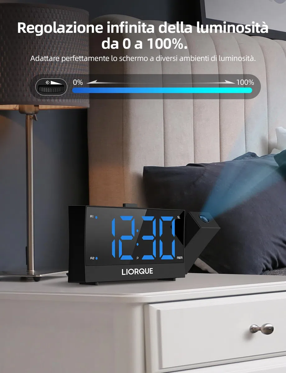 LIORQUE Sveglia con Proiettore a Soffitto, Radiosveglia con Proiettore a Grande Schermo, Sveglia Digitale con Doppia Sveglia, Funzione Snooze, Regolazione Infinita Della Luminosità, 2 Porte USB