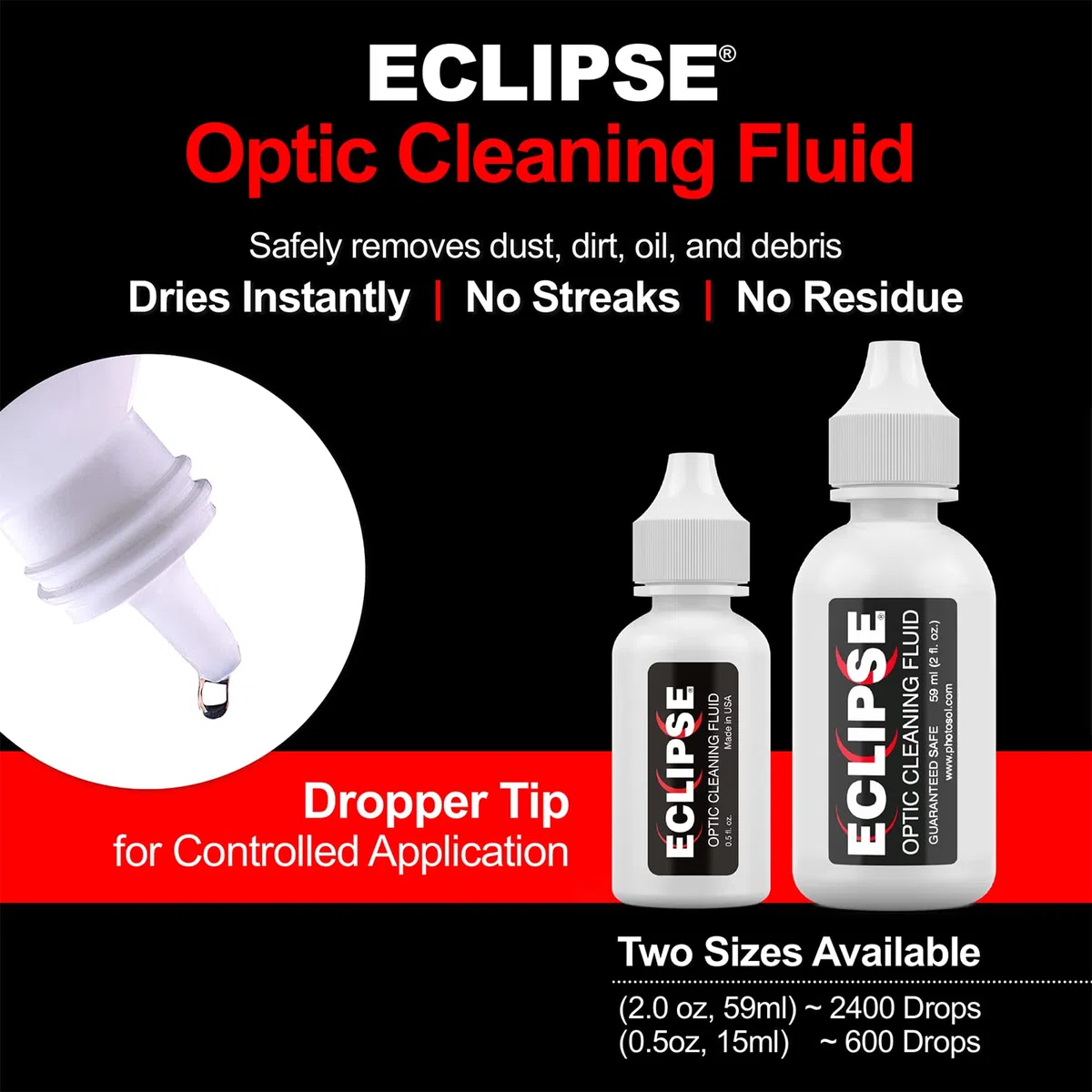Eclipse Optic Cleaning Fluid and PEC-PAD Lint Free Wipes - Critical Optic Cleaning Solution - Non-Abrisive Cleaning Wipes for Sensitive Glass - Cleaning Kit - Dropper Tip (15ml) 0.5oz