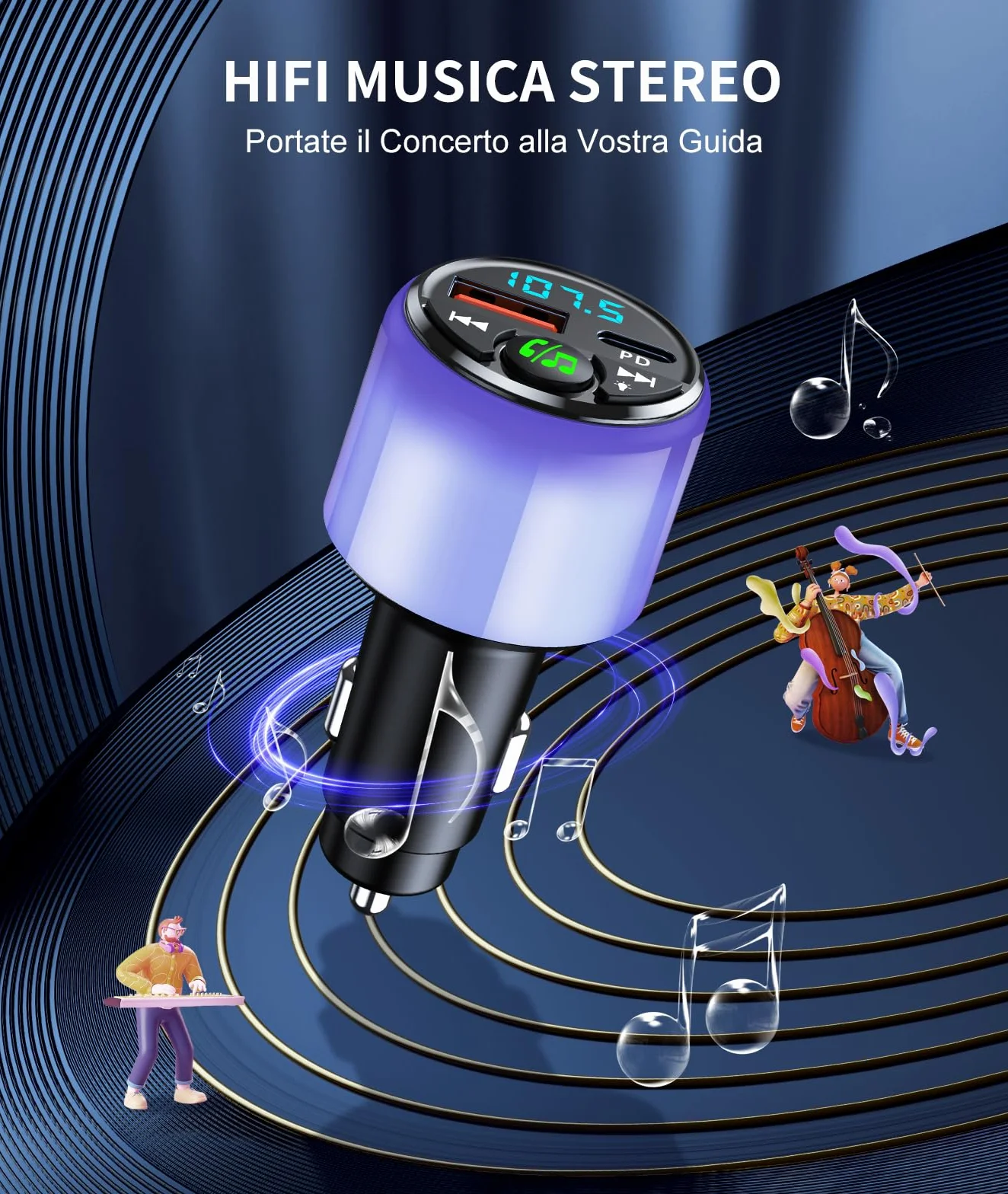 Mohard Trasmettitore FM Bluetooth 5.3 per Auto, PD 30W & QC3.0 18W Ricarica Veloce Bluetooth Vivavoce Auto con Musica/Hi-Fi/Luce, Caricabatterie per GPS Dispositivo Macchina Accendisigari Adattatore