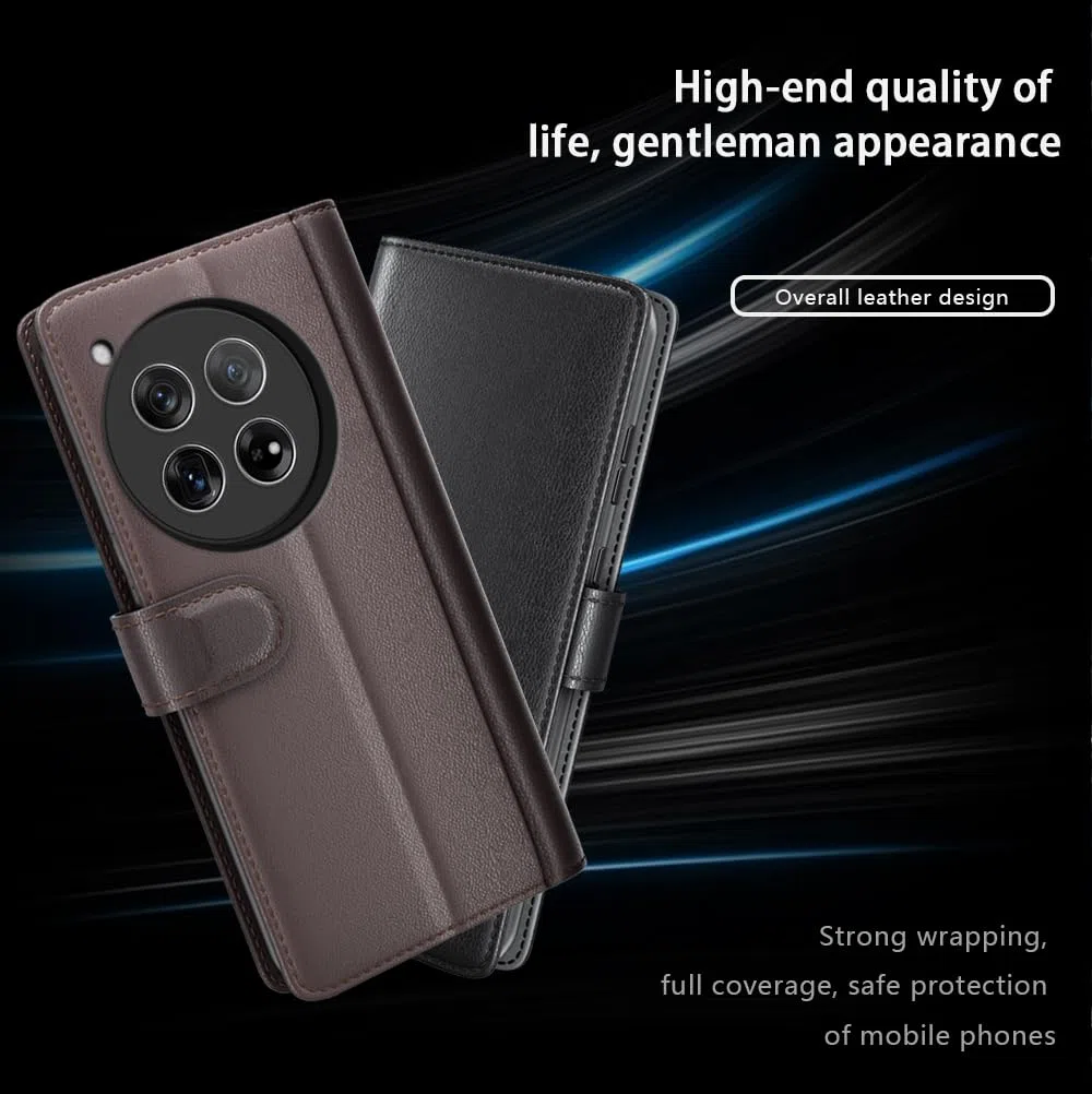 COQUE Custodia OnePlus 12 Shell, Custodia Flip in Vera Pelle di Vacchetta con Slot per Schede Custodia in Pelle per OnePlus 12-Nero