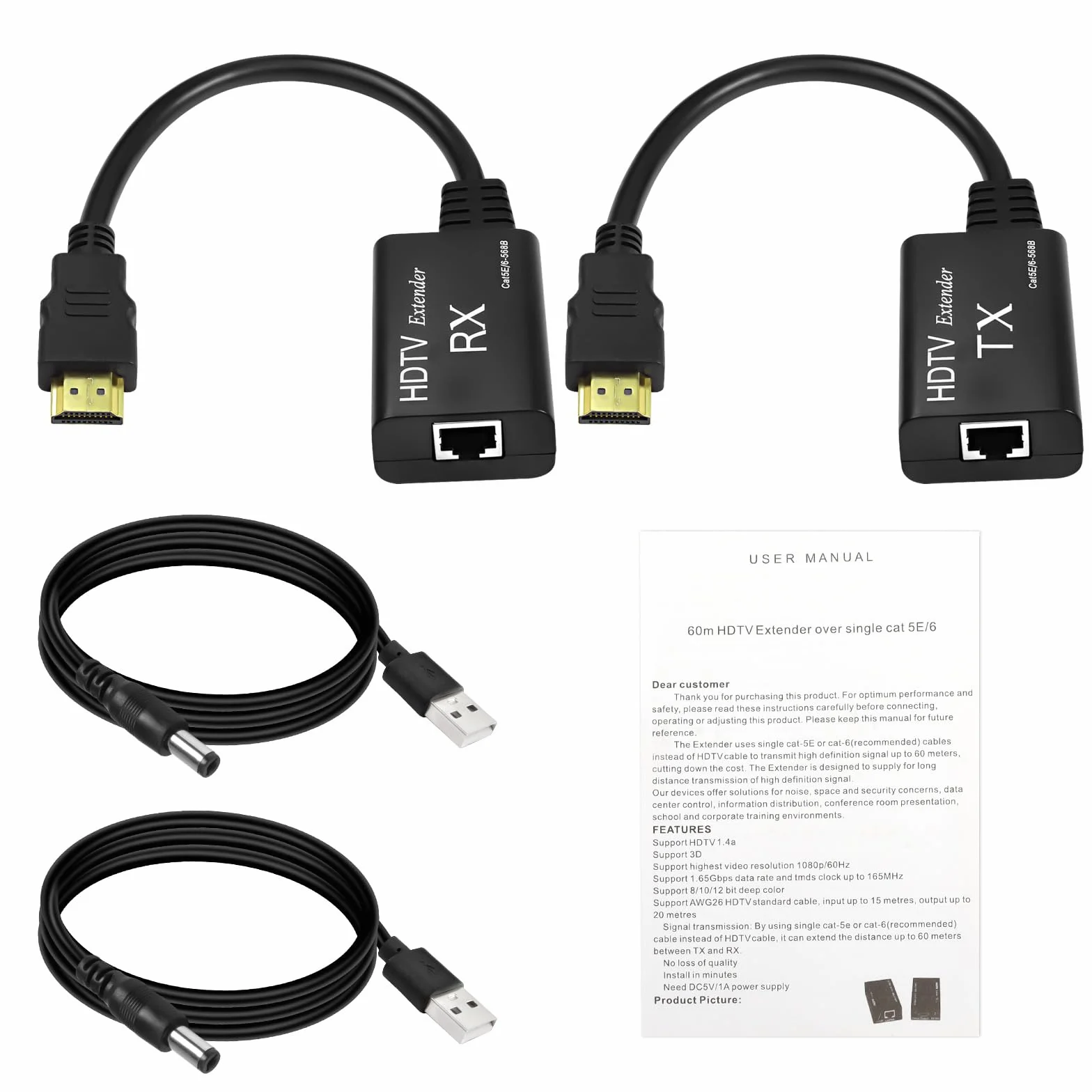 Prolunga HDMI, da HDMI maschio a RJ45 Ethernet LAN, convertitore e ripetitore, fino a 60 m, Cat 5e/6, 1080p, per HDTV HDPC PS4 STB 4K 2K (60 metri)
