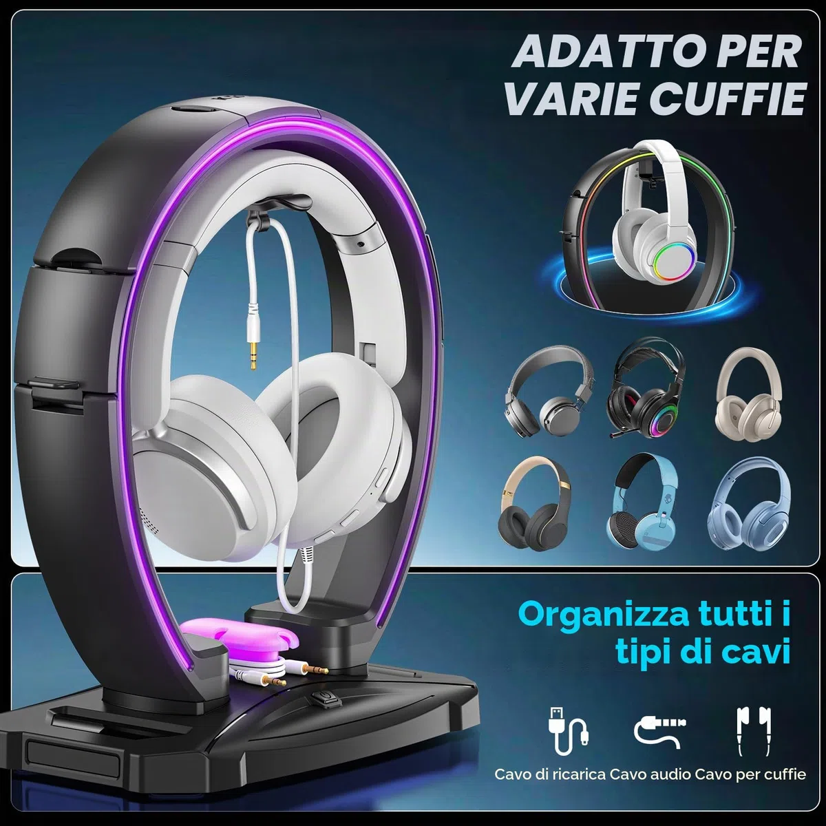 KDD Supporto Cuffie & Controller con 9 Modalità di Illuminazione - Supporto Controller Pieghevole per Scrivania - Porta Cuffie con Organizer per Cavi - Accessori da Scrivania per Giocatori