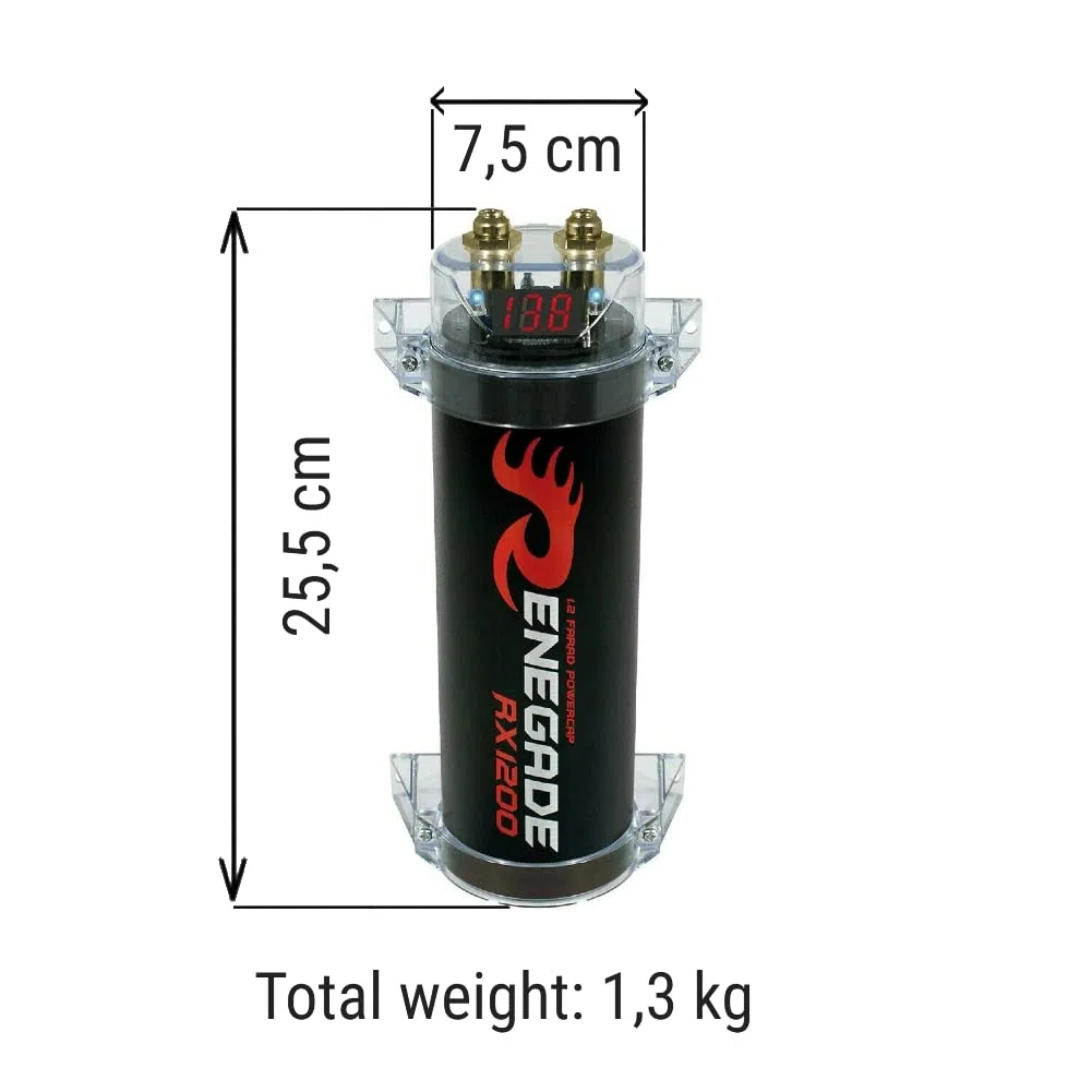 RENEGADE RX1200 power cap condensatore car audio 1,2 farad per impianti fino a 1200 watt rms 1 2 3 4 5 10 capacitor auto spl nero, 1 pezzo