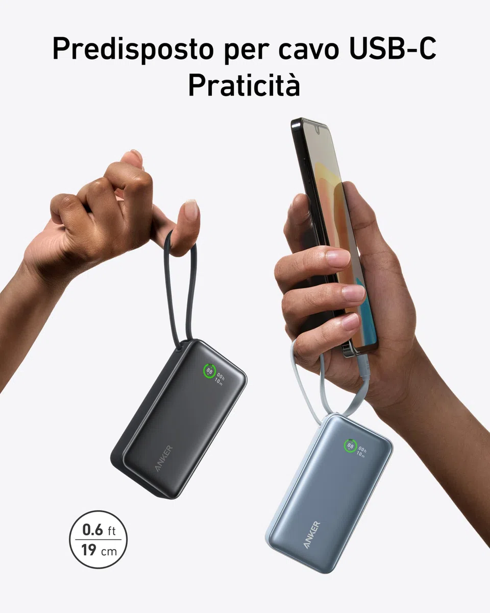 Anker Nano Power Bank Ricarica Rapida, 10000 mAh, con Cavo USB-C Integrato, PD 30 W, Potenza Massima con 1 USB C 1 USB-A, Compatibile con iPhone 17 pro max/16, MacBook, Samsung, iPad e Molto Altro