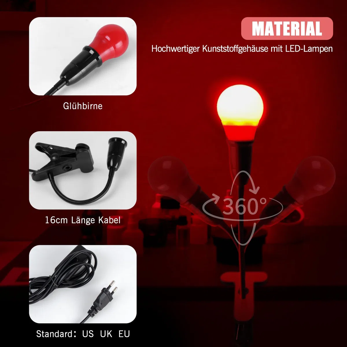 eTone Darkroom Safe Light, lampada da scrivania a LED rossa con clip, regolabile a 360 gradi, adatta per la lavorazione di film S/W e carta da stampa S/W (5 W)