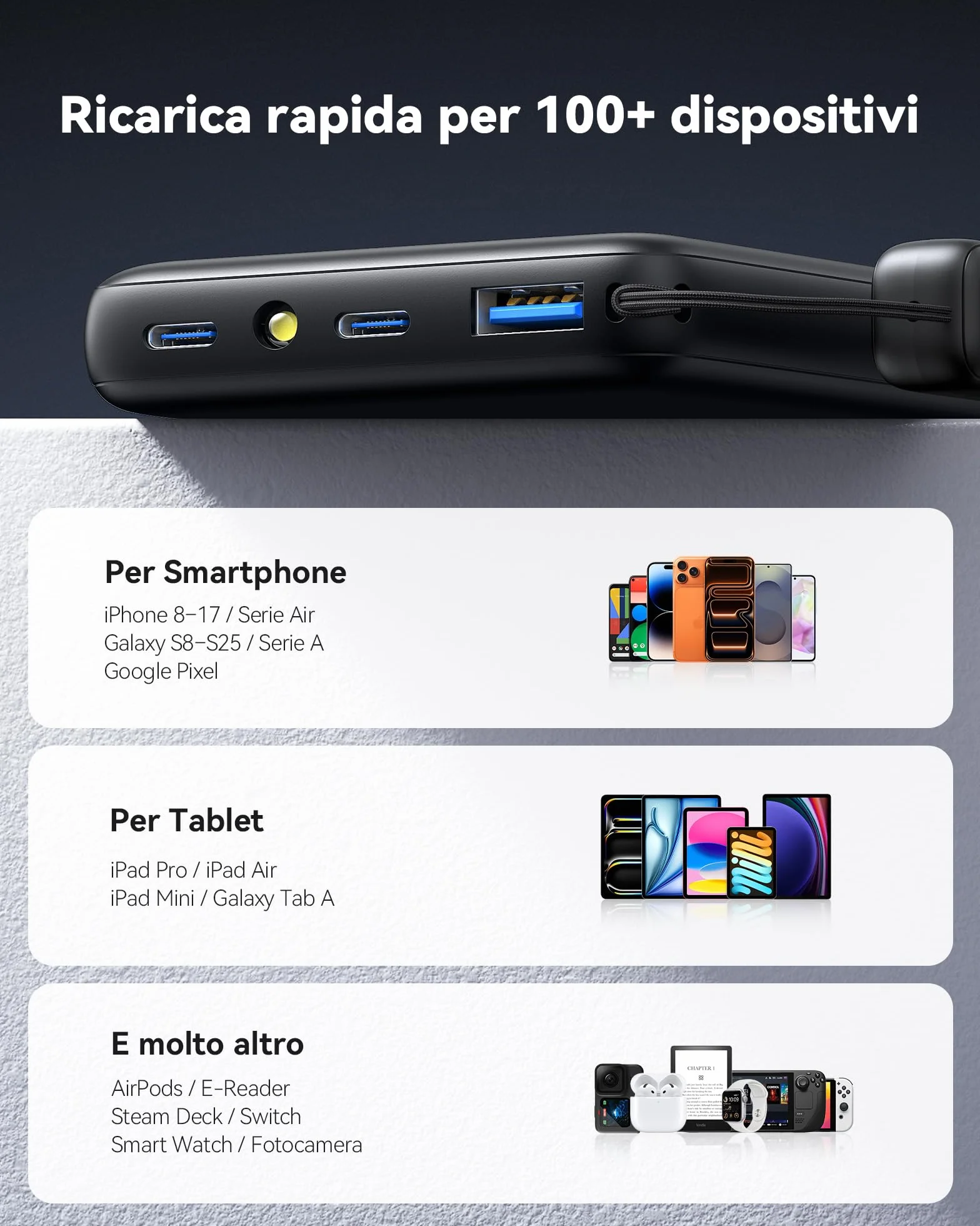 INIU Power Bank, Piccolo 45W Ricarica Rapida 10000mAh Powerbank con Cavo USB C Staccabile, Idoneo per Volo, Essenziali da Viaggio, Caricatore Portatile per iPhone 17 16, Samsung S25 Xiaomi iPad ecc.