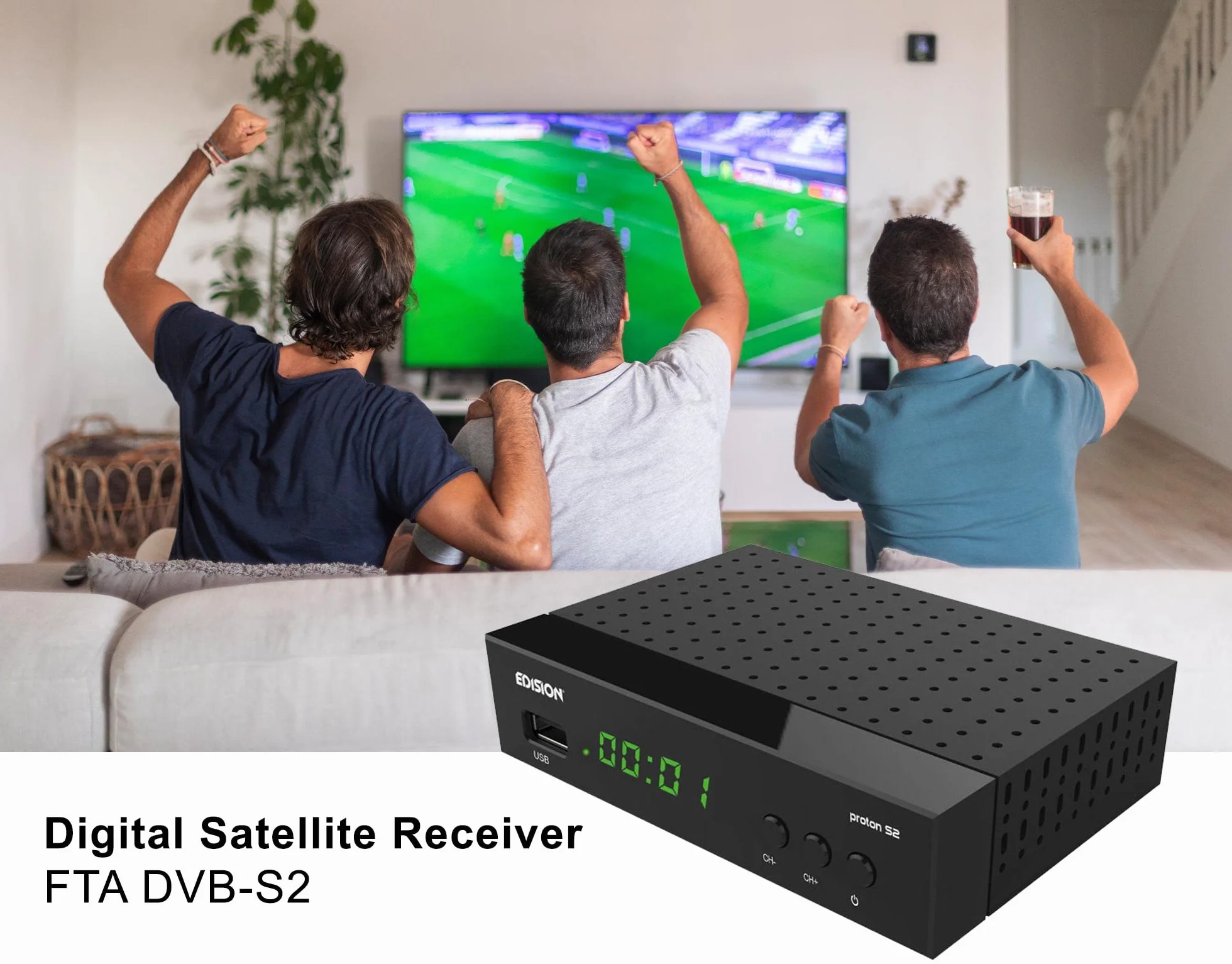 Edision PROTON S2 - Decoder DVB-S2 HD, Ricevitore Digitale Satellitare Full HD DVB-S2, USB, HDMI, SCART, Sensore IR, Supporto USB WiFi, Telecomando Universale 2in1, Nero