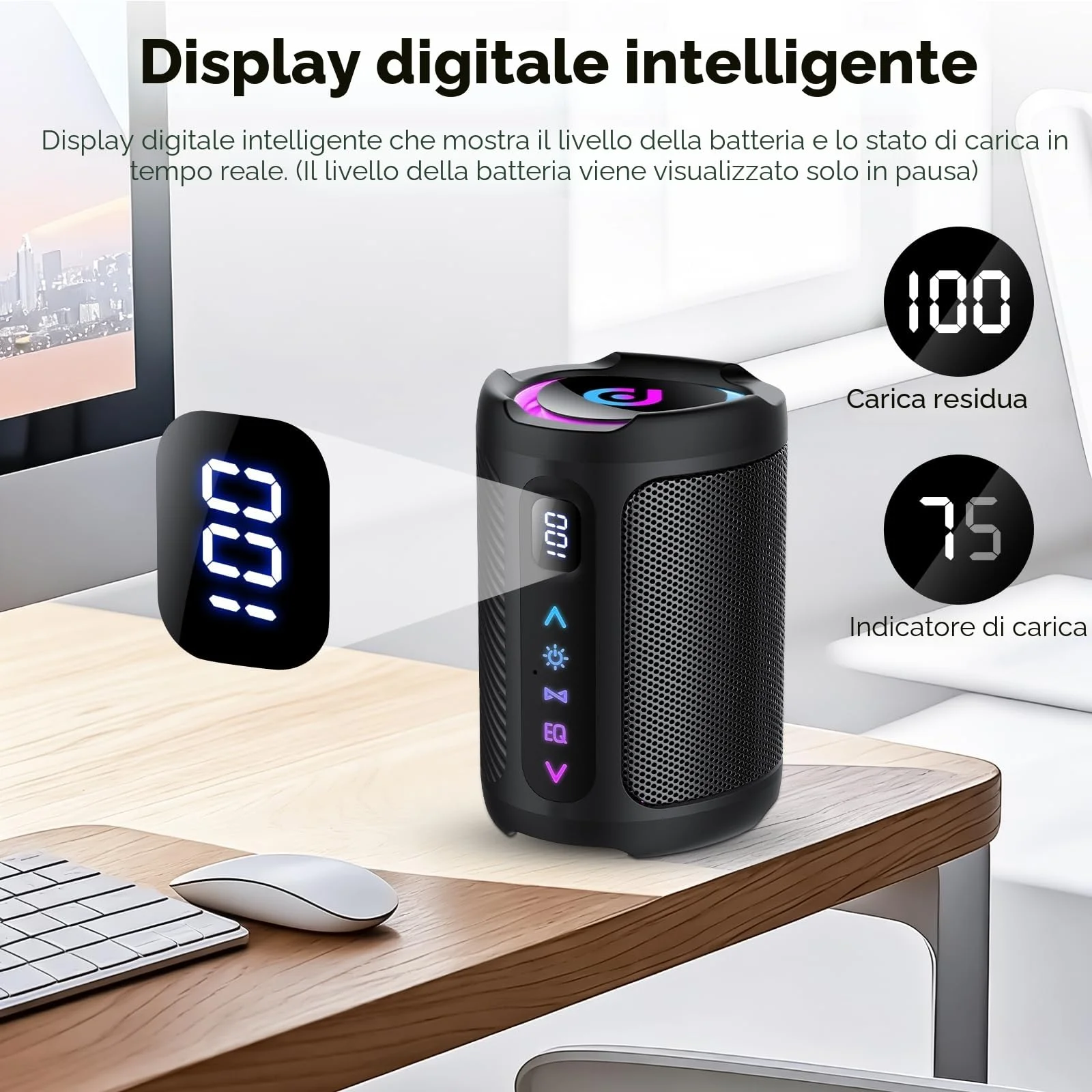 Cassa Bluetooth Portatili senza fili con luce LED, Display Digitale Intelligente+Smart EQ, Altoparlante Bluetooth Bassi Potente, Bluetooth 5.4, Speaker da Esterno per Viaggi, Sport, Feste, Ciclismo