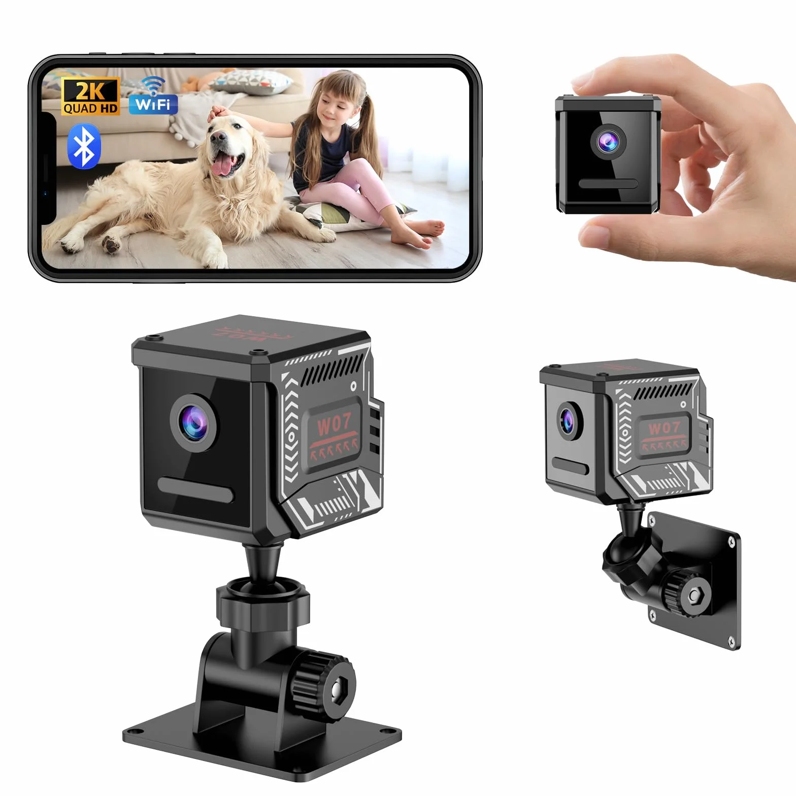 Mini Telecamera WiFi Interna 2K Videocamera Sorveglianza con Visione Notturna, 5 Ore Autonomia, Notifiche Movimento Istantanee, Registrazione Ciclica,Doppia Memoria SD/Cloud, Controllo Remoto Con App