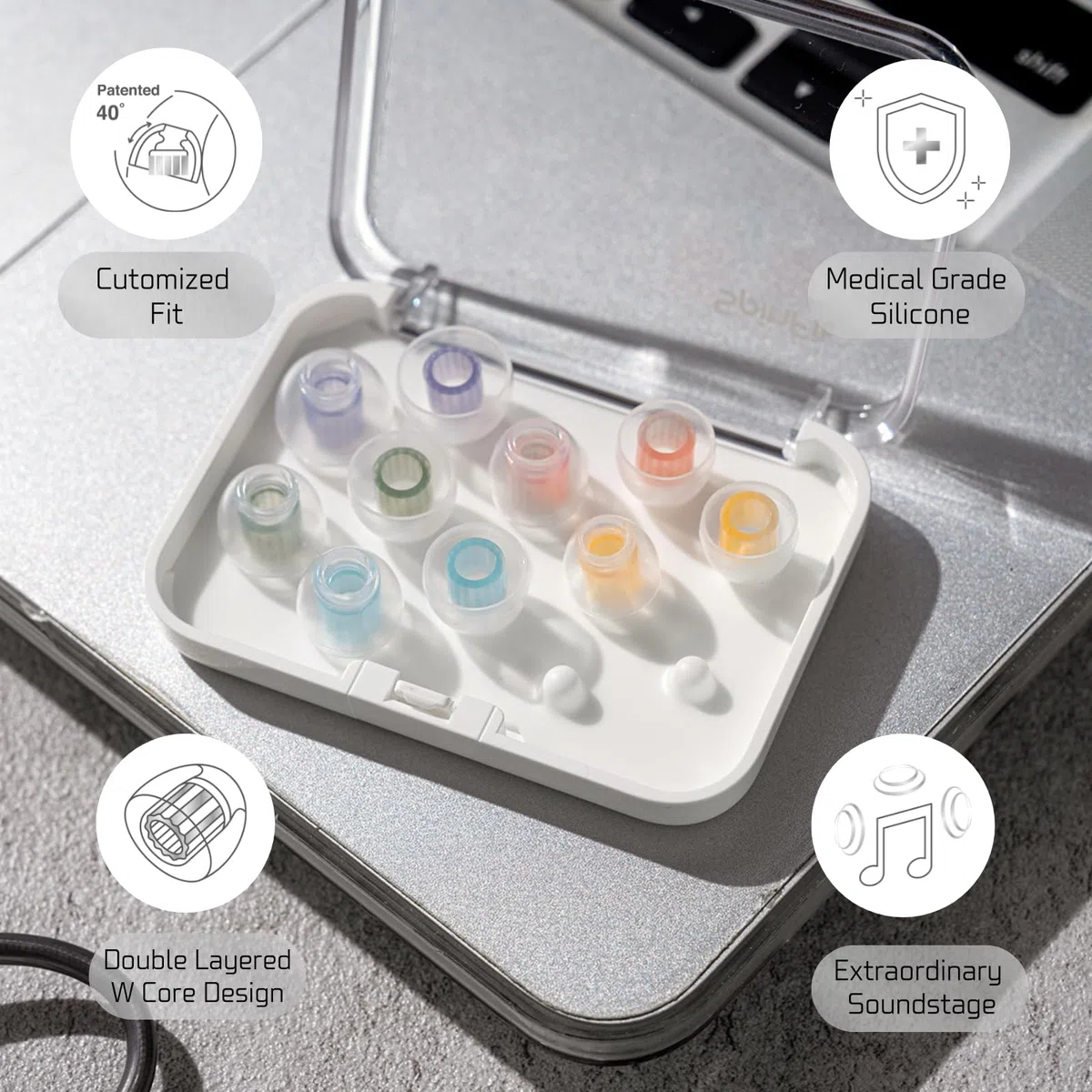 SpinFit W1 per IEM - SS - Punte auricolari brevettate in silicone di grado medico, doppio nucleo a forma di W, più stabilità