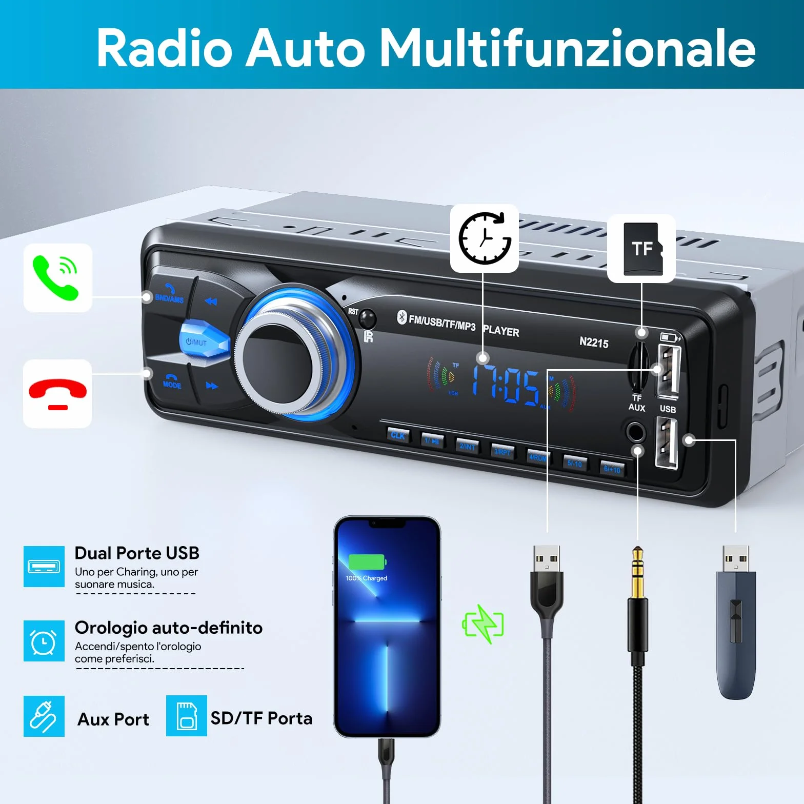 Chismos Stereo Auto 1 DIN Autoradio Bluetooth FM Radio MP3 Lettore Supporta 2 USB/SD/Aux Telecomando Ricarica rapida iOS Android