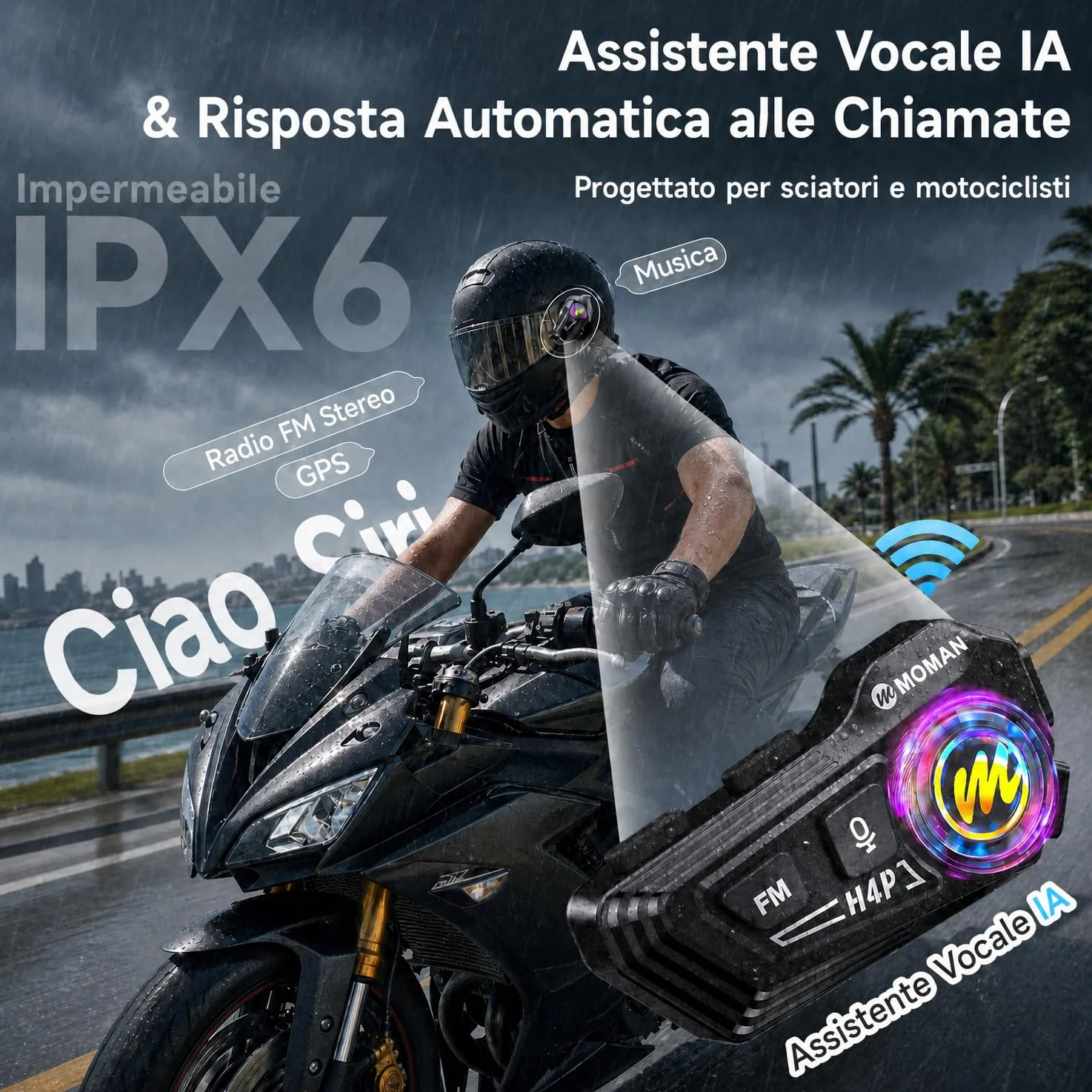 Moman Cuffie per casco da moto, BT5.1, con altoparlanti Hi-Fi, doppia riduzione del rumore, RGB/FM/vivavoce/AI vocale, cuffie per pilota singolo (nero H4P)