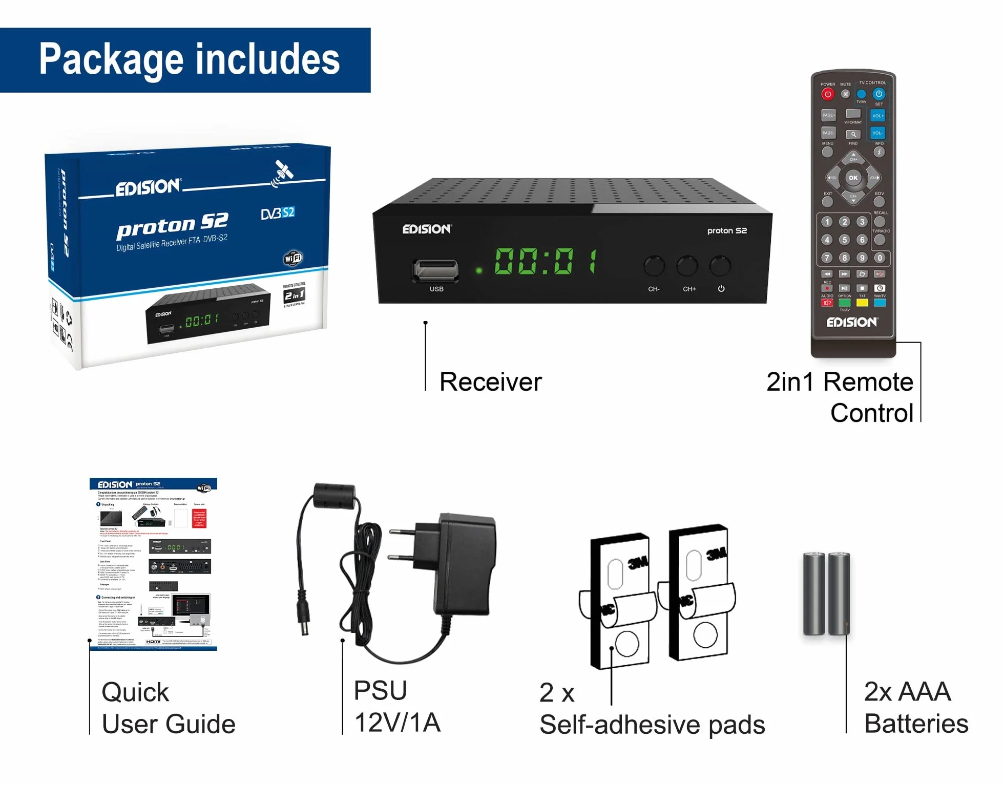 Edision PROTON S2 - Decoder DVB-S2 HD, Ricevitore Digitale Satellitare Full HD DVB-S2, USB, HDMI, SCART, Sensore IR, Supporto USB WiFi, Telecomando Universale 2in1, Nero