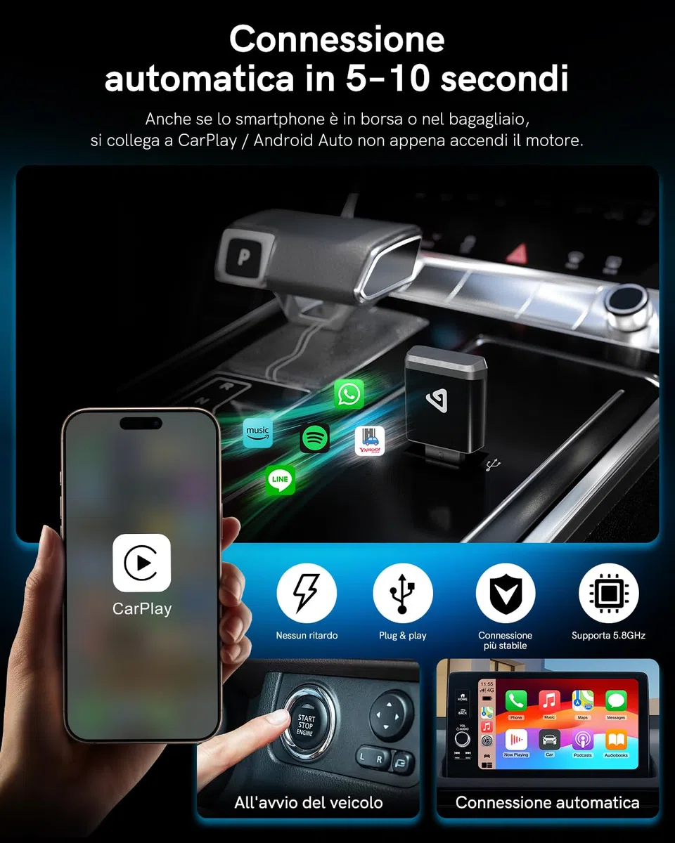 Adattatore Wireless 2 in 1 per Android Auto e CarPlay – Trasforma CarPlay cablato in wireless, con adattatore USB-C, WiFi 5.8GHz, facile da usare, mini e stabile, compatibile con iOS 10+ e Android 11+