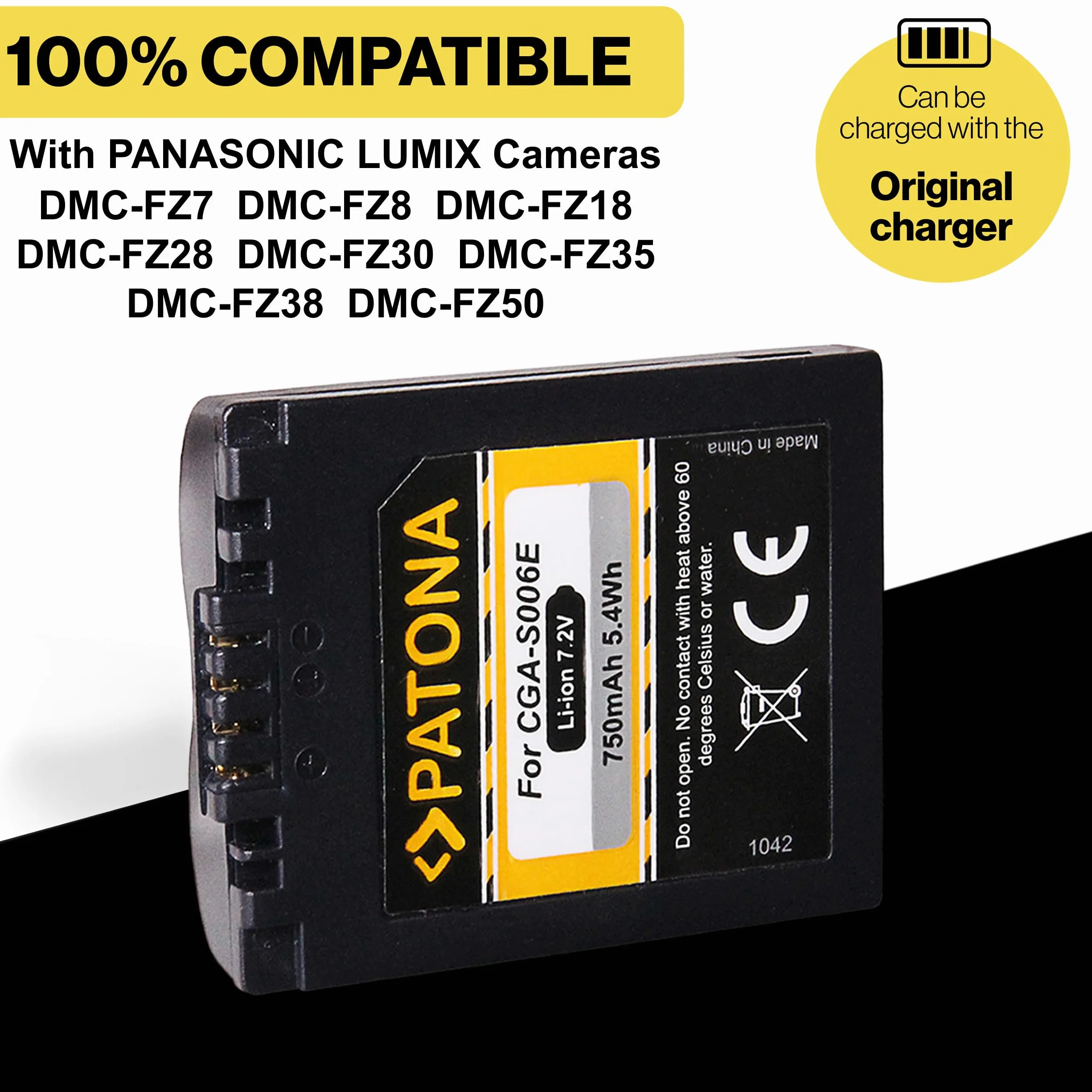 PATONA 2X CGA-S006 Batteria 750mAh – Ricambio per Panasonic CGA-S006E – per Lumix DMC-FZ7 FZ8 FZ18 FZ28 FZ30 FZ35 FZ38 FZ50, Leica V-Lux 1 – doppia riserva
